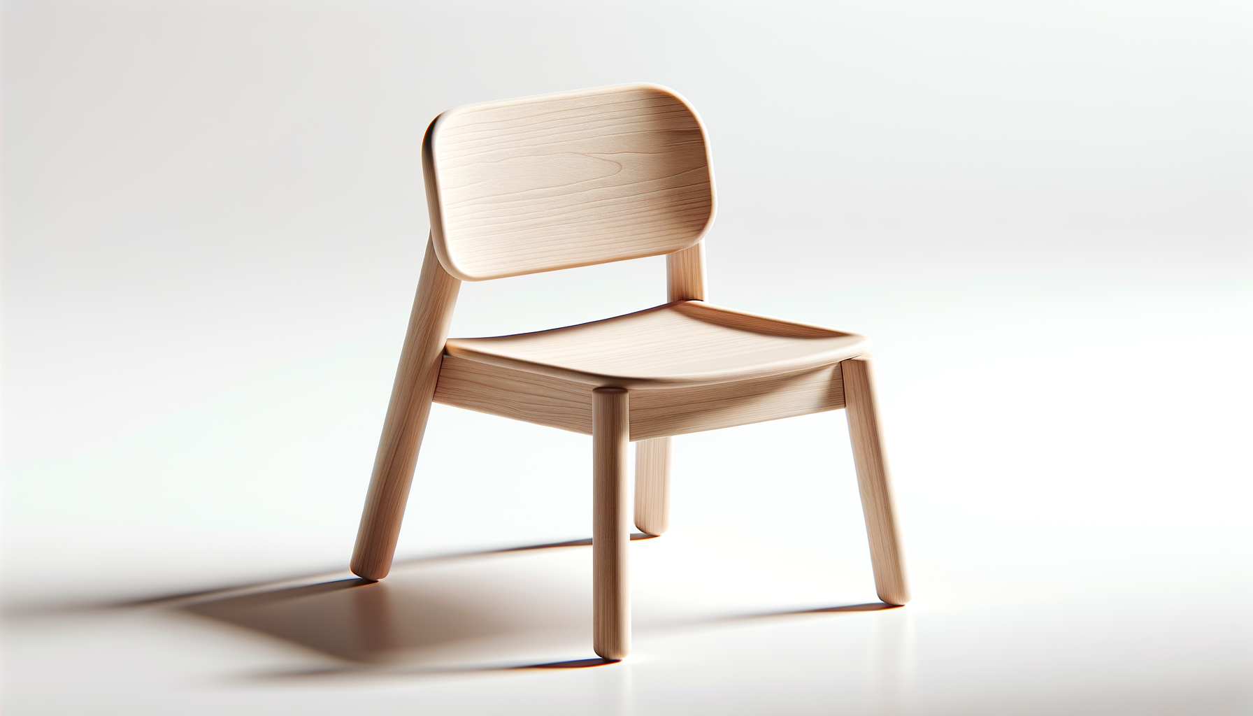 A minimalist wooden chair with a curved backrest and four angled legs, placed on a light-colored surface with a plain background.