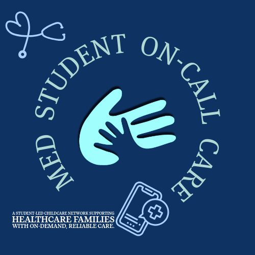 Graphic design with text 'Med Student On-Call Care' and icons of a heart with stethoscope, hand, and healthcare app