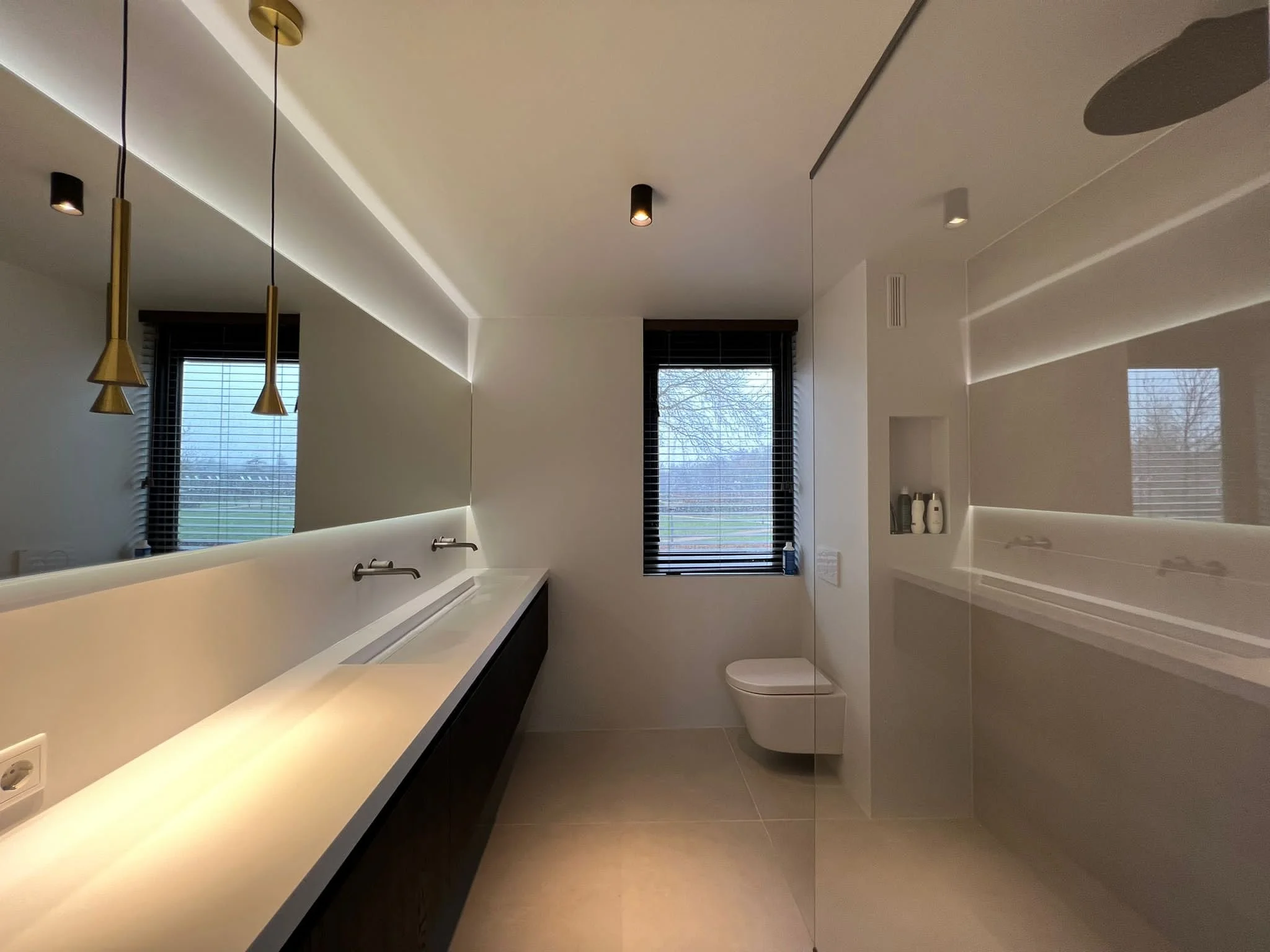 Moderne badkamer met dubbele wastafel, grote spiegel, toilet en twee ramen met uitzicht op een groen landschap.