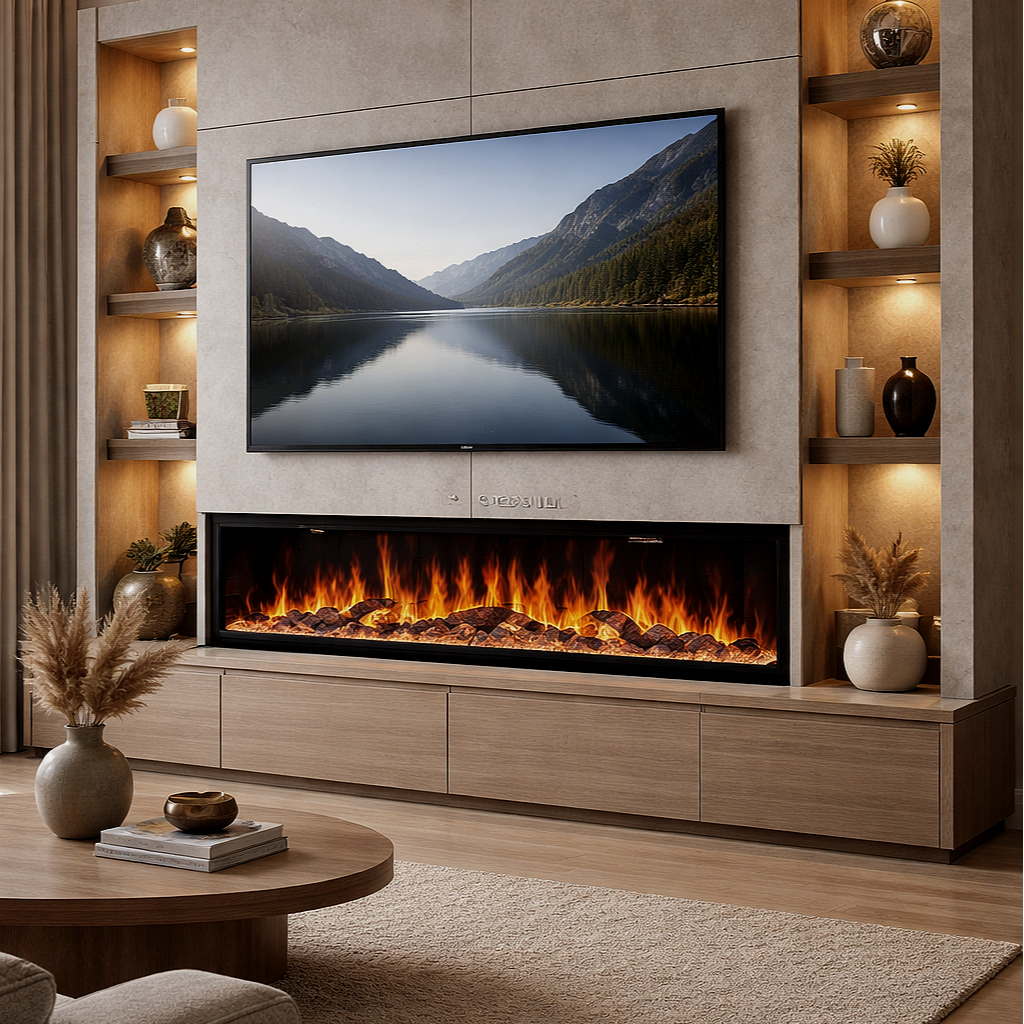 Een woonkamer met een muur met ingebouwde open haard onder een platte scherm-tv die een berglandschap toont. Aan weerszijden van de muur bevinden zich ingebouwde planken met decoratieve vazen en boeken, en er is een salontafel met vazen en boeken voor een stoffen bank.