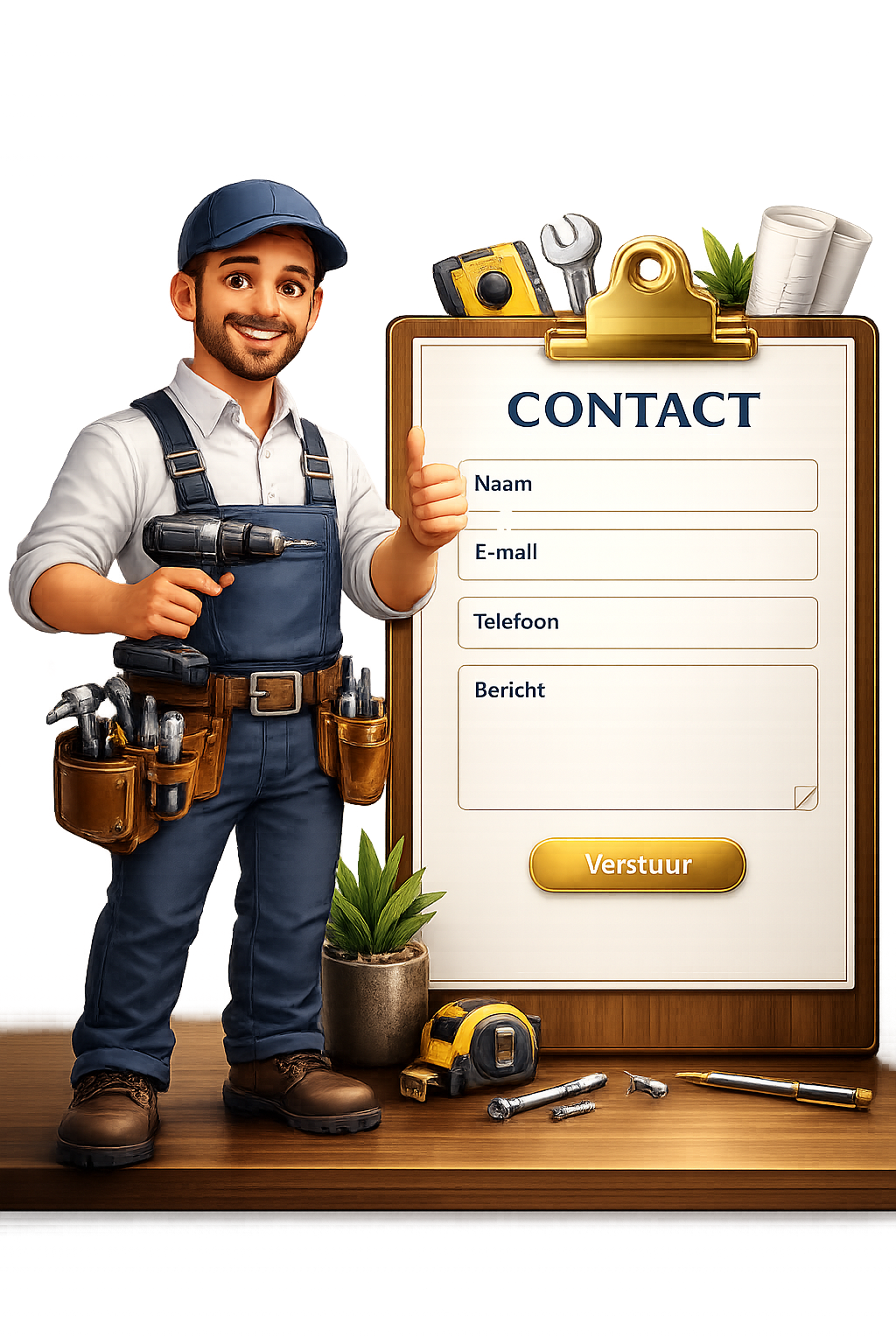 Vrolijke klusjesman met gereedschap en contactformulier op een bord, klaar om te versturen.