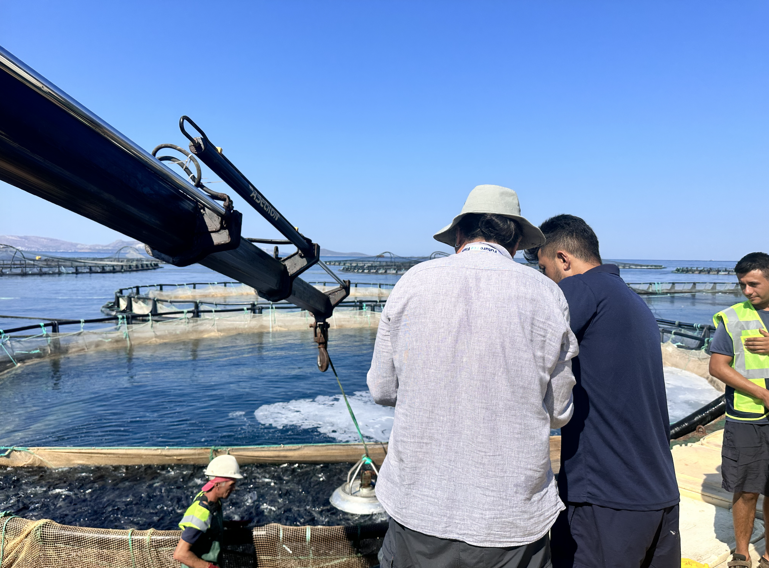 People working near aquaculture fish farms by the water with a crane and fish tanks in the background.