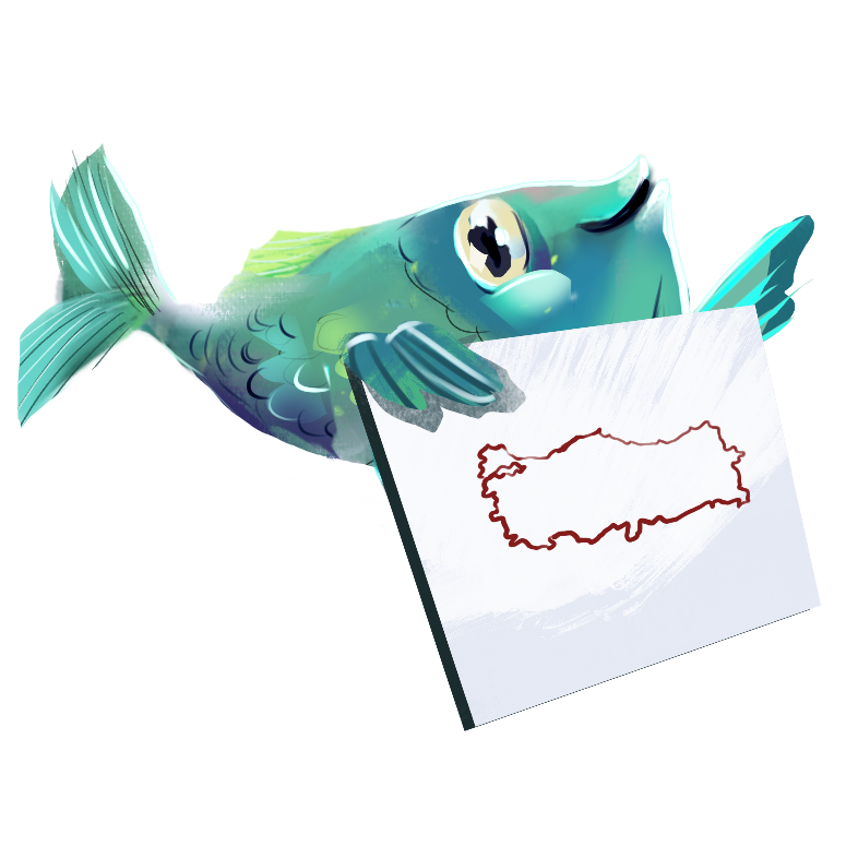 A cartoon fish holding a drawing of Turkey map on a piece of paper.