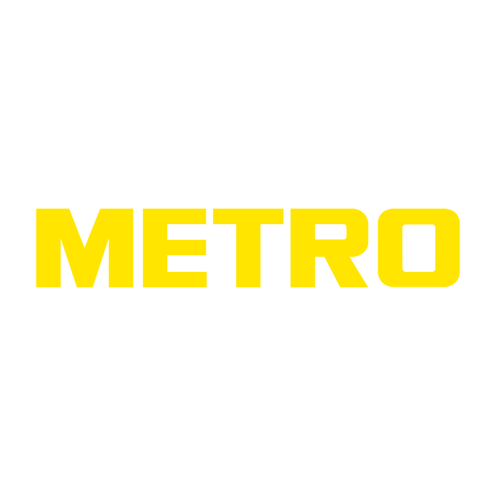 The image shows the word 'METRO' in large yellow letters on a white background.