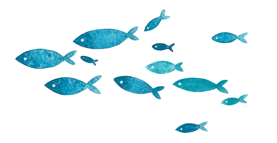 Illustration of a school of blue fish swimming in different directions.