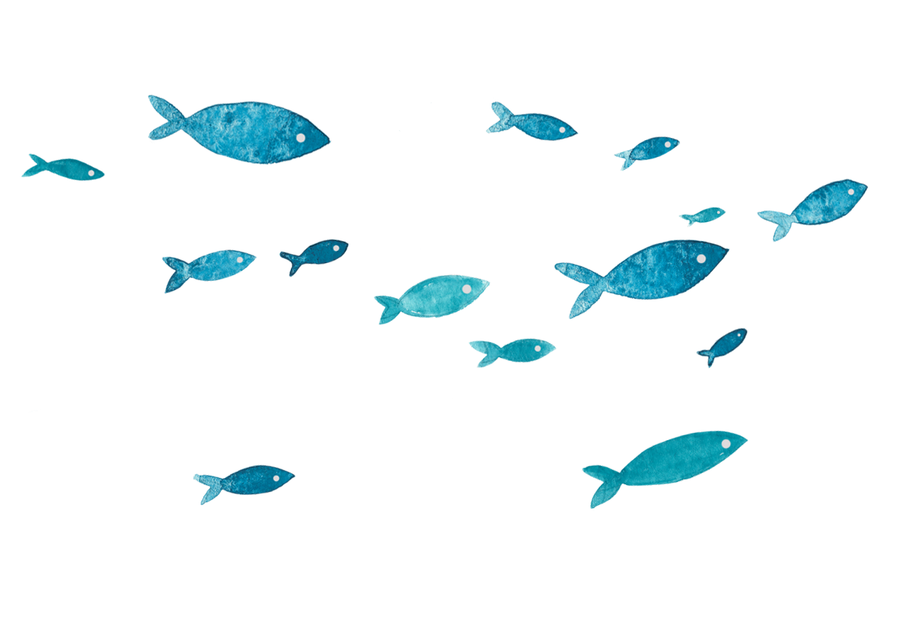 A graphic of several blue fish