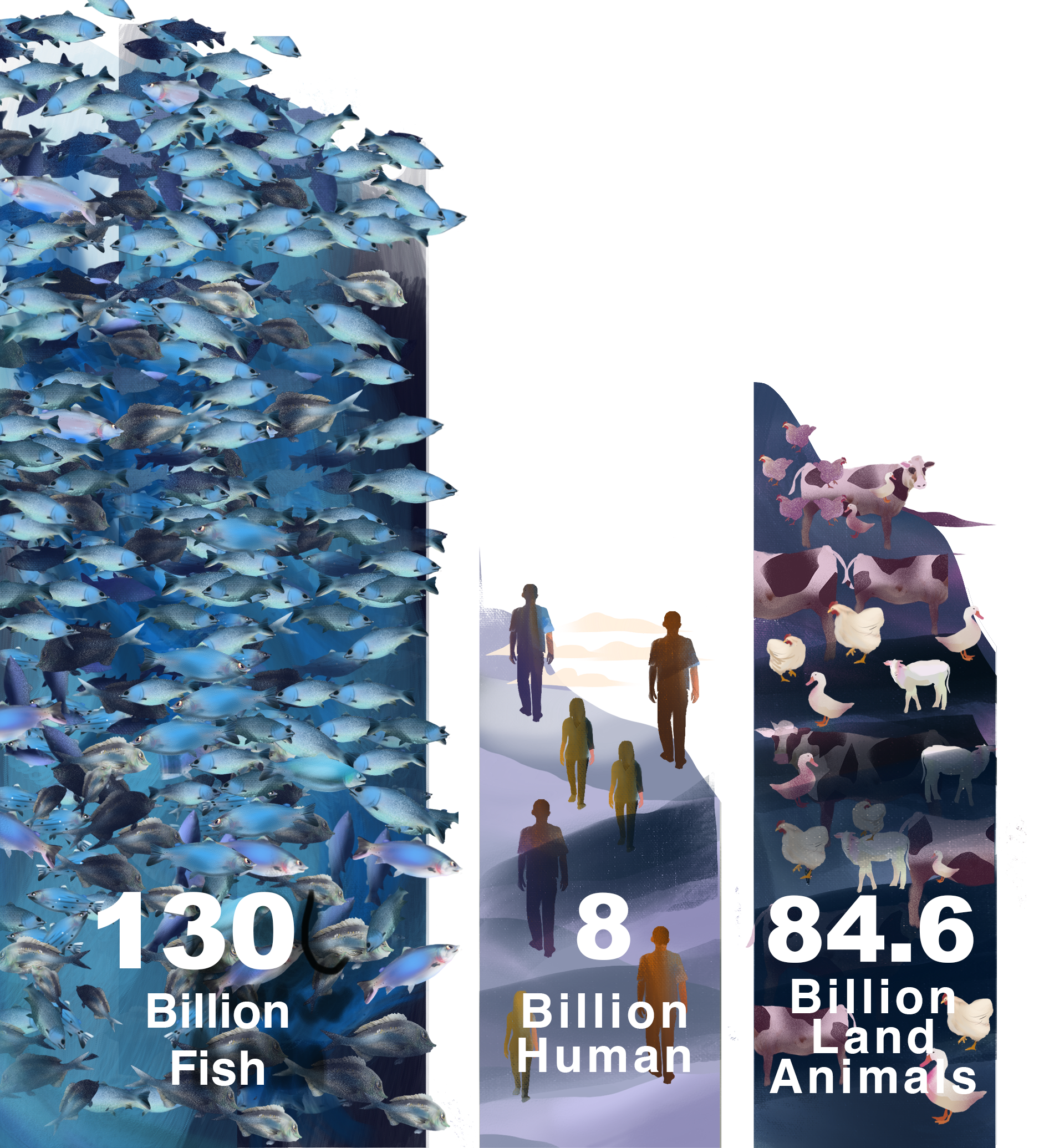 A data visualization showing the global population in billions for fish, human, and land animals. The fish population is represented by a large school of blue fish, the human population by silhouettes of people, and land animals by illustrations of various animals including cows and chickens.