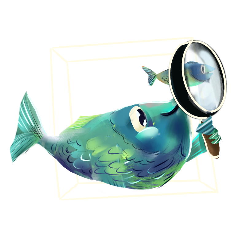 A cartoon fish with green and blue scales holding a magnifying glass, examining a smaller fish inside a box.