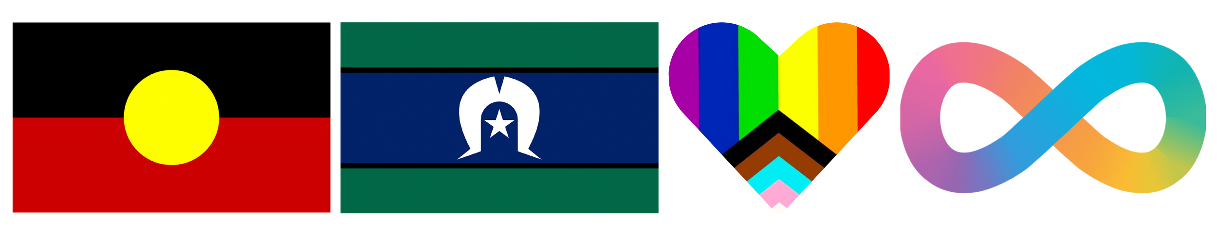 Aboriginal and Torres Strait Islander flags, a rainbow inclusion heart, and a multicolour infinity symbol.