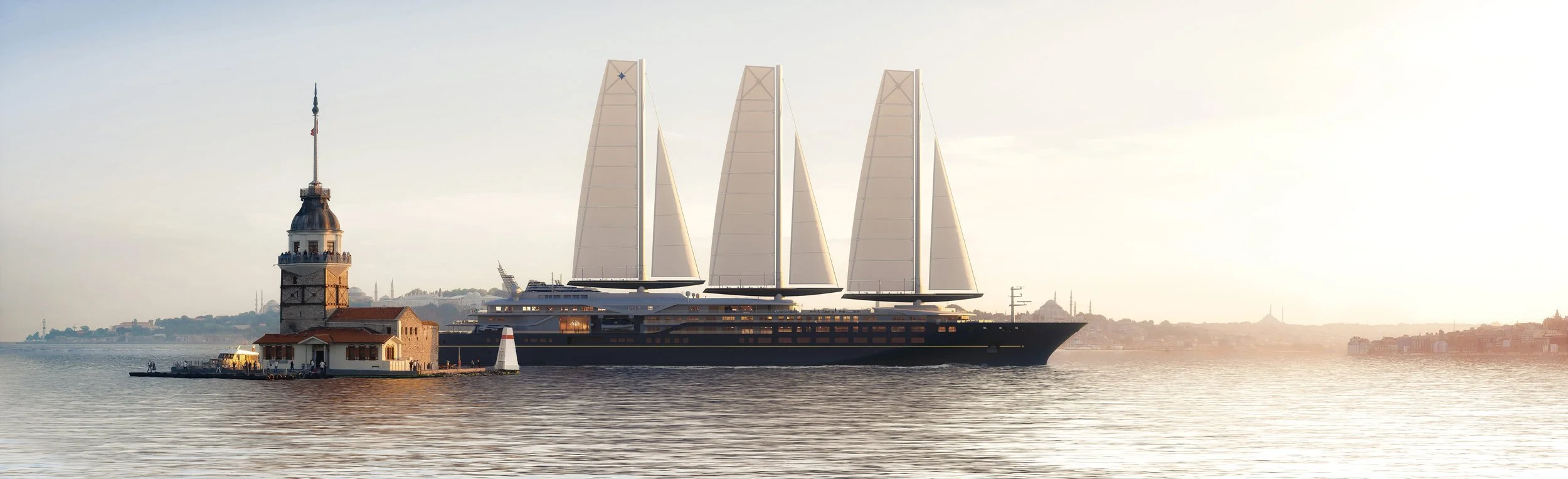 Orient Express Corinthian sailing yacht at sea, three white solid sails against Mediterranean horizon, 2026