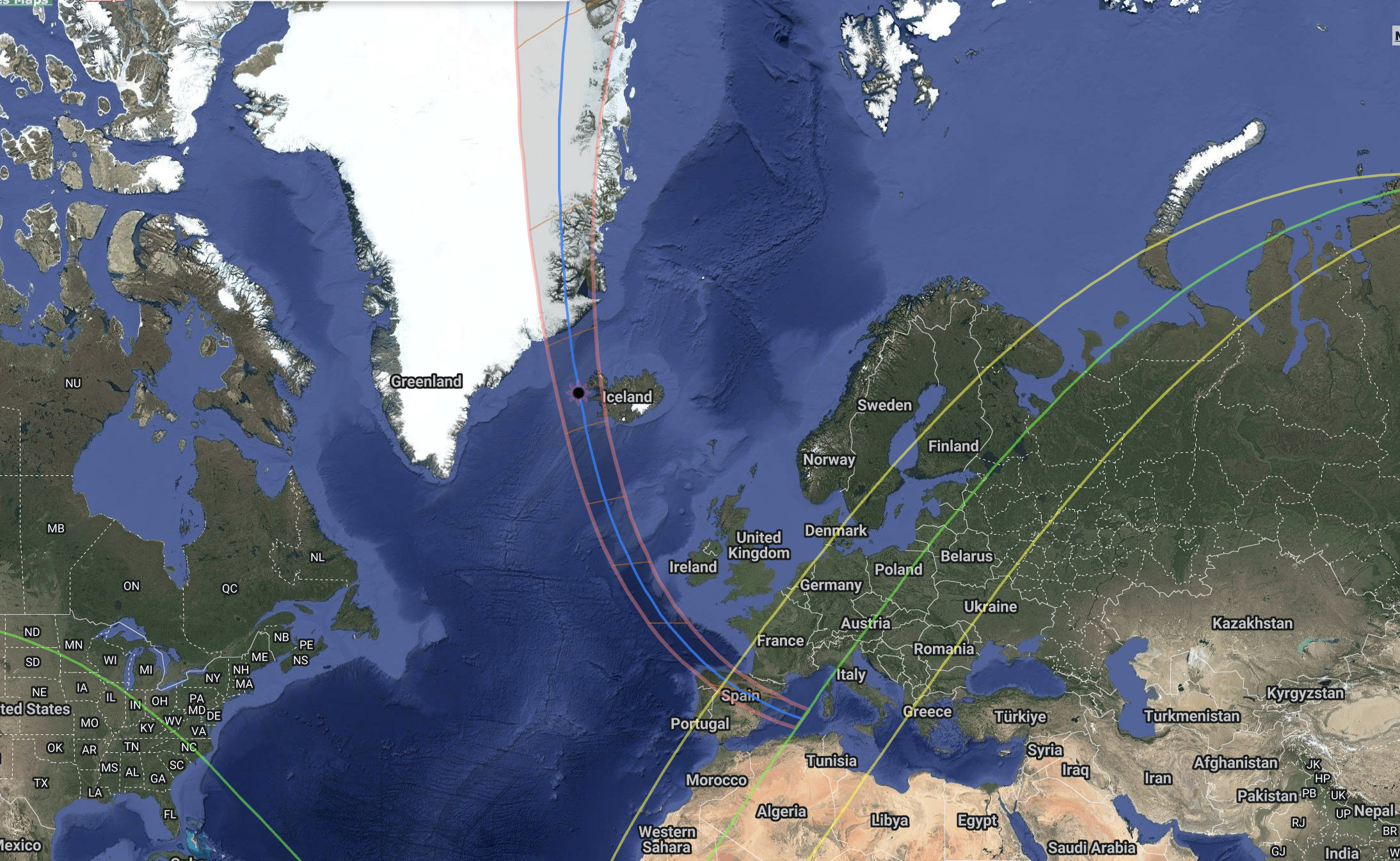 Map of the 12 August 2026 total solar eclipse path crossing Greenland, Iceland, northern Spain and the Balearic Islands