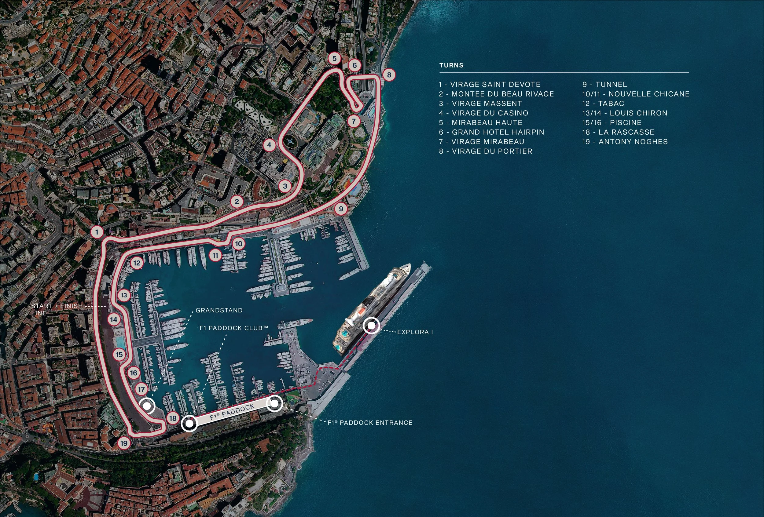 Aerial map of Monaco highlighting the Monaco Grand Prix racing circuit along the streets and coastline, with a marina and cityscape nearby and numbering with labels for the circuit turns.