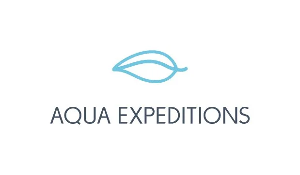 Aqua Expeditions logo featuring a stylized blue leaf above the company name in black text.