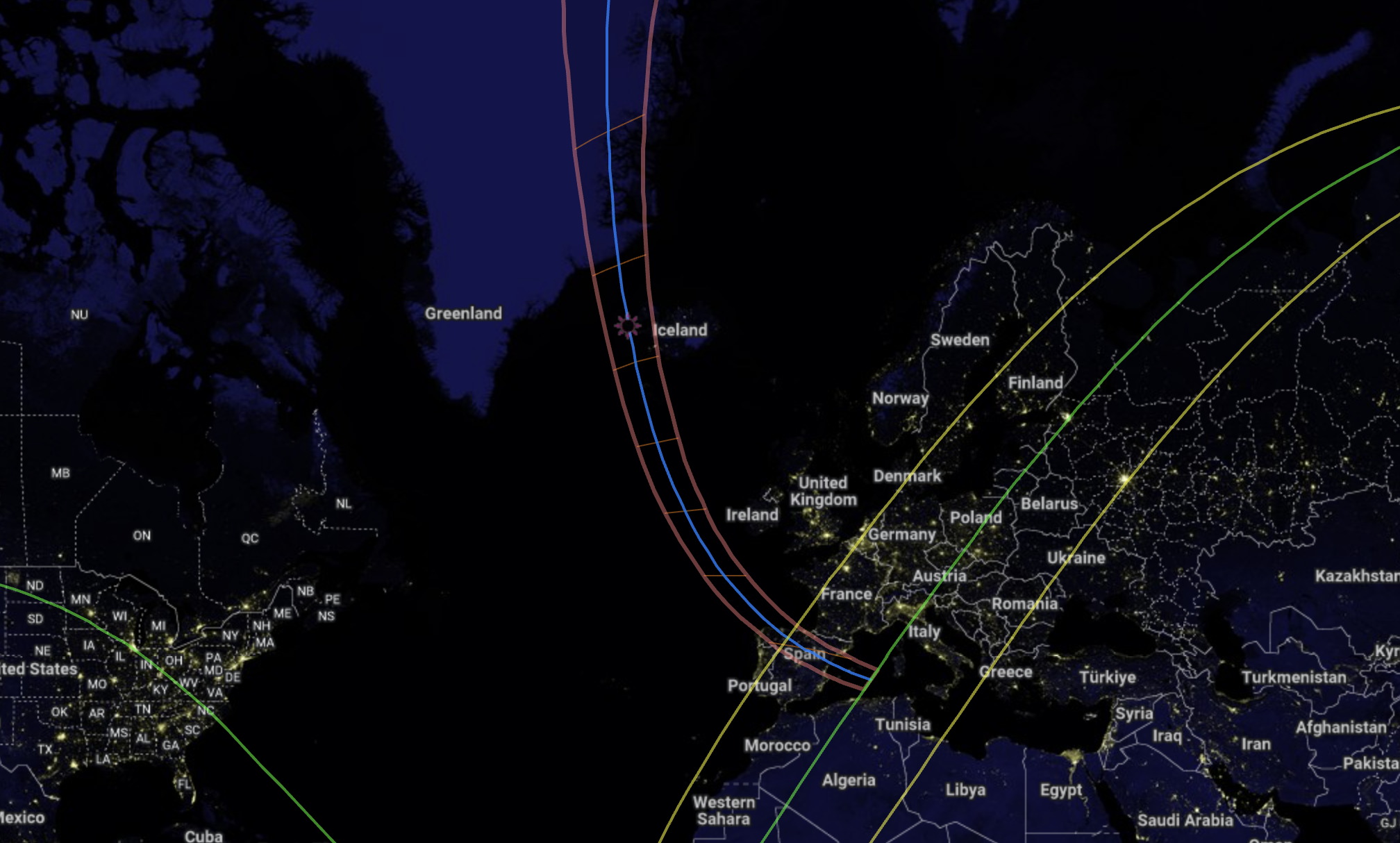 Map of the 12 August 2026 total solar eclipse path of totality crossing Greenland, Iceland, northern Spain and the Balearic Islands.