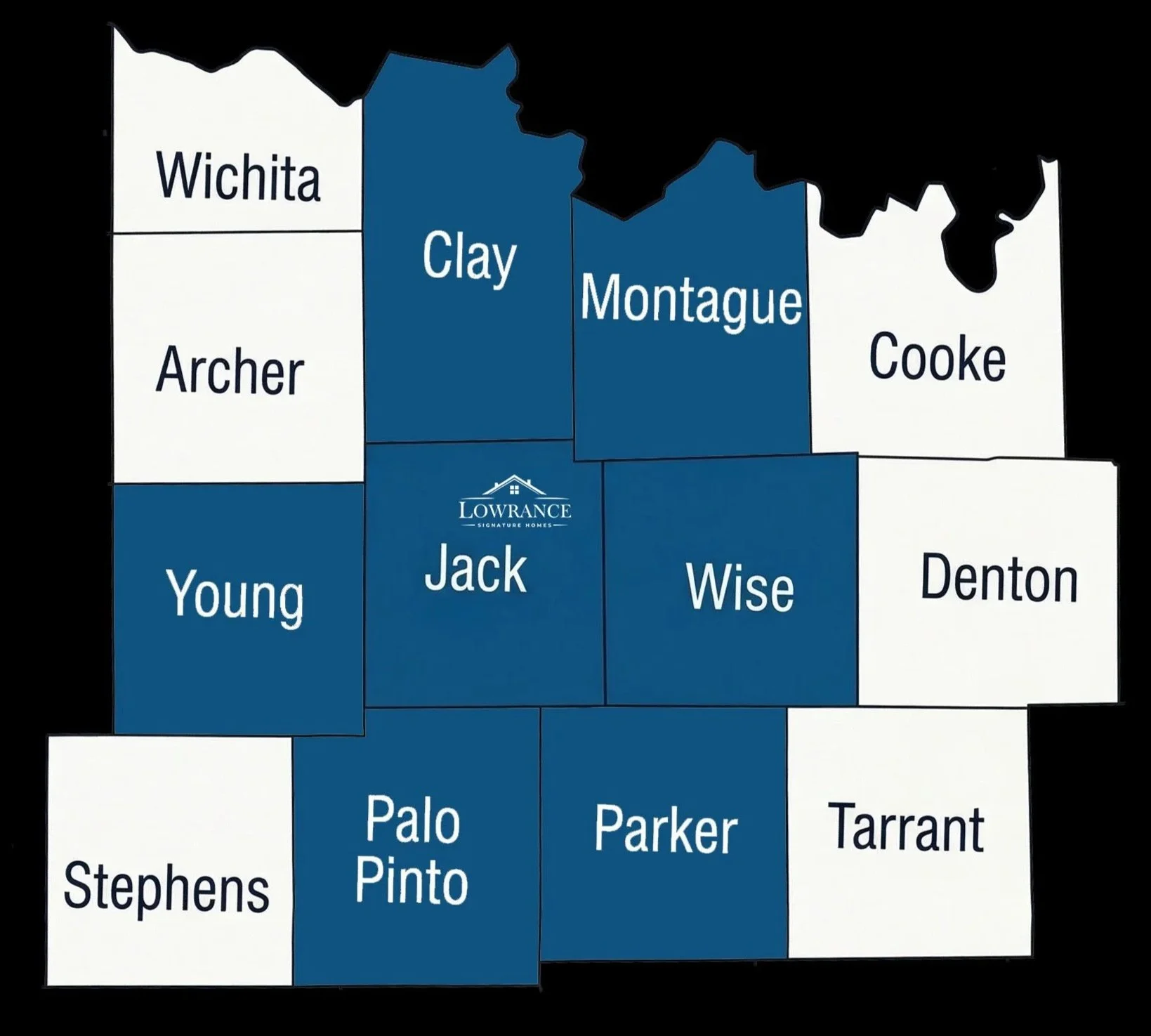 Lowrance Signature Homes service area map. Wise County, Jack County, Clay County, Montague County, Young County, Parker County, Palo Pinto County.