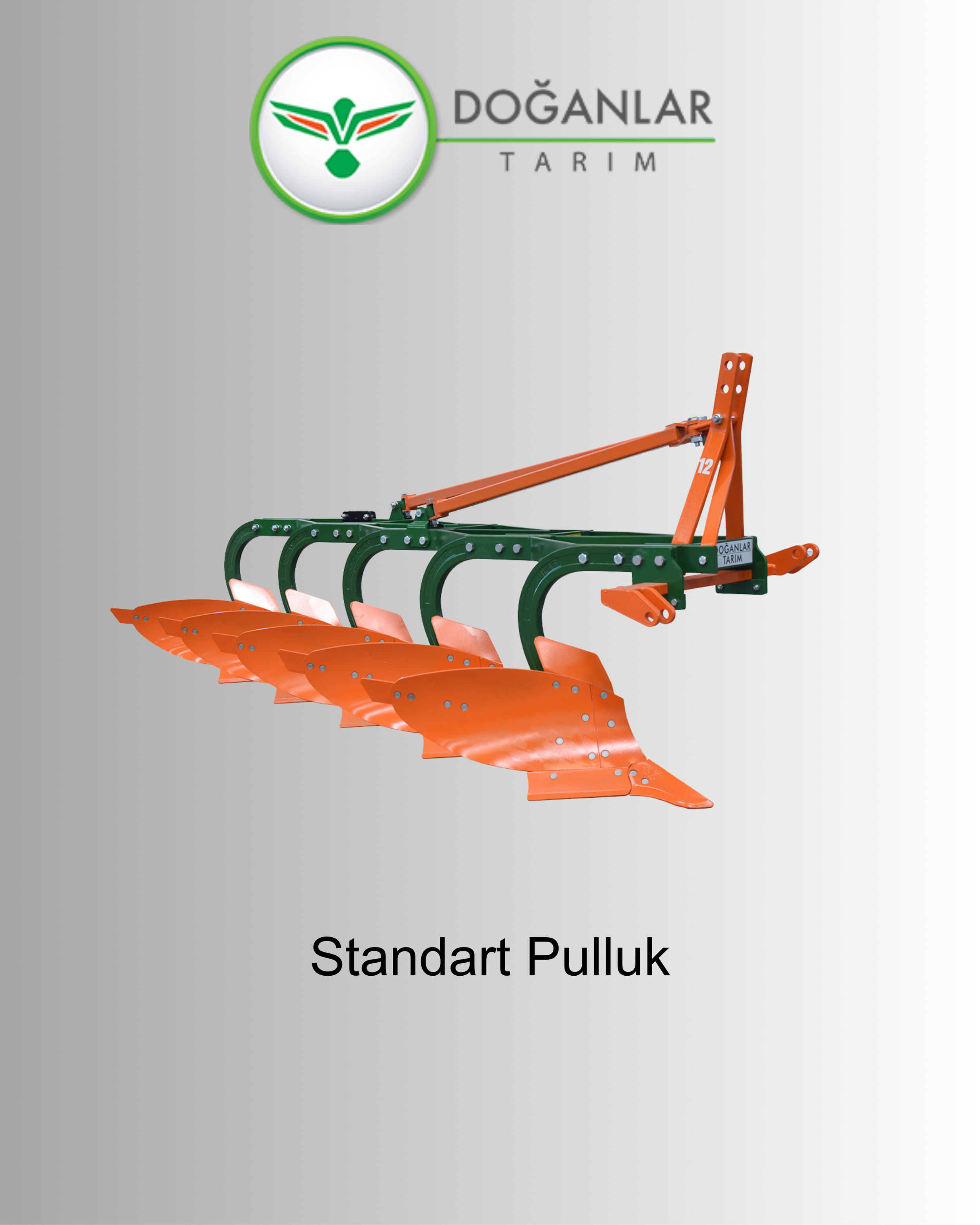 A green and orange plow attachment with multiple blades, labeled 'Standart Pulluk', used for farming, with the logo and name 'Doğanlar Tarım' at the top.