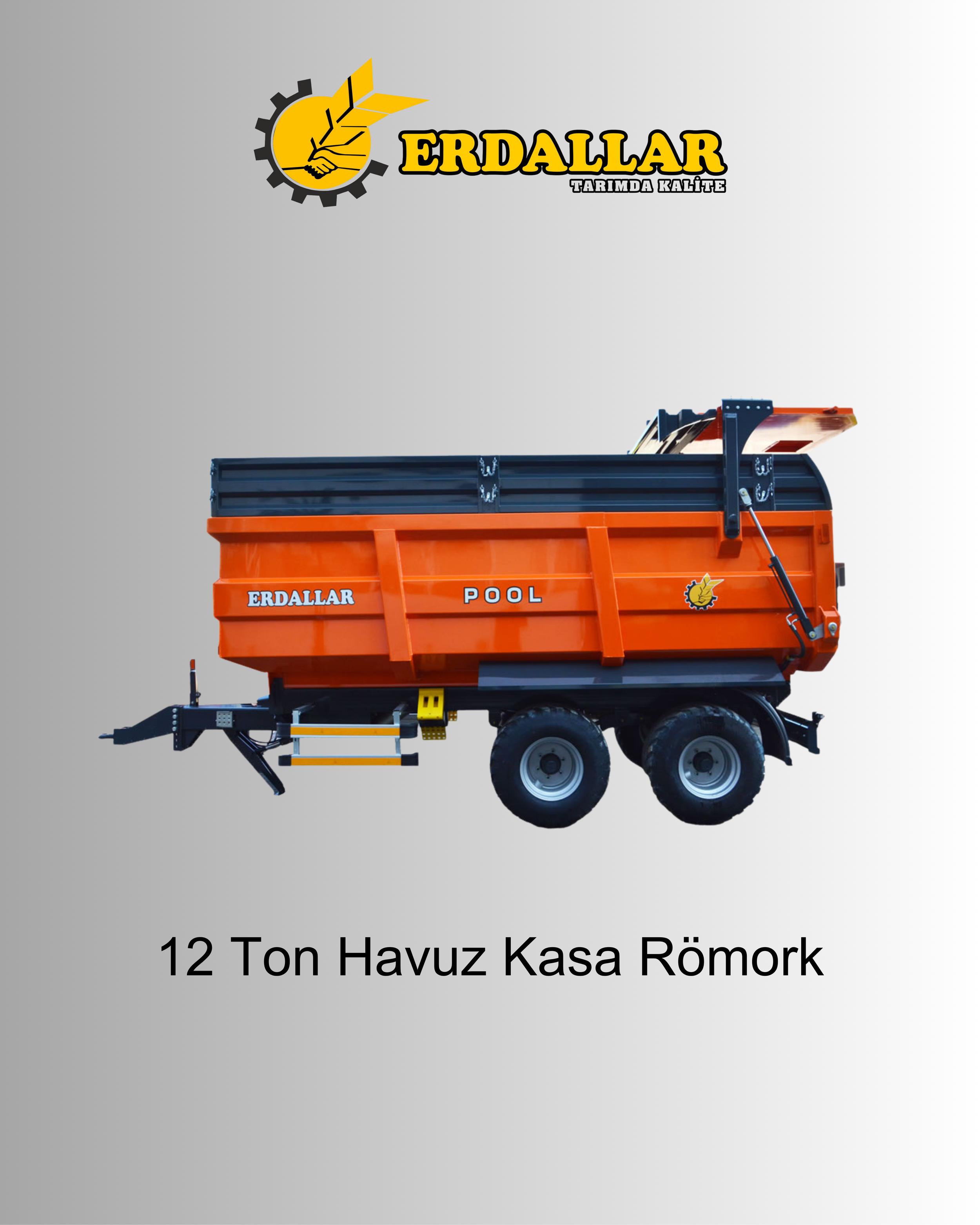 A large orange and black farm trailer with the words 'ERDALLAR POOL' written on the side, attached to two wheels. The trailer appears to be a 12-ton pool tank chassis trailer as described by the Turkish text below the image.