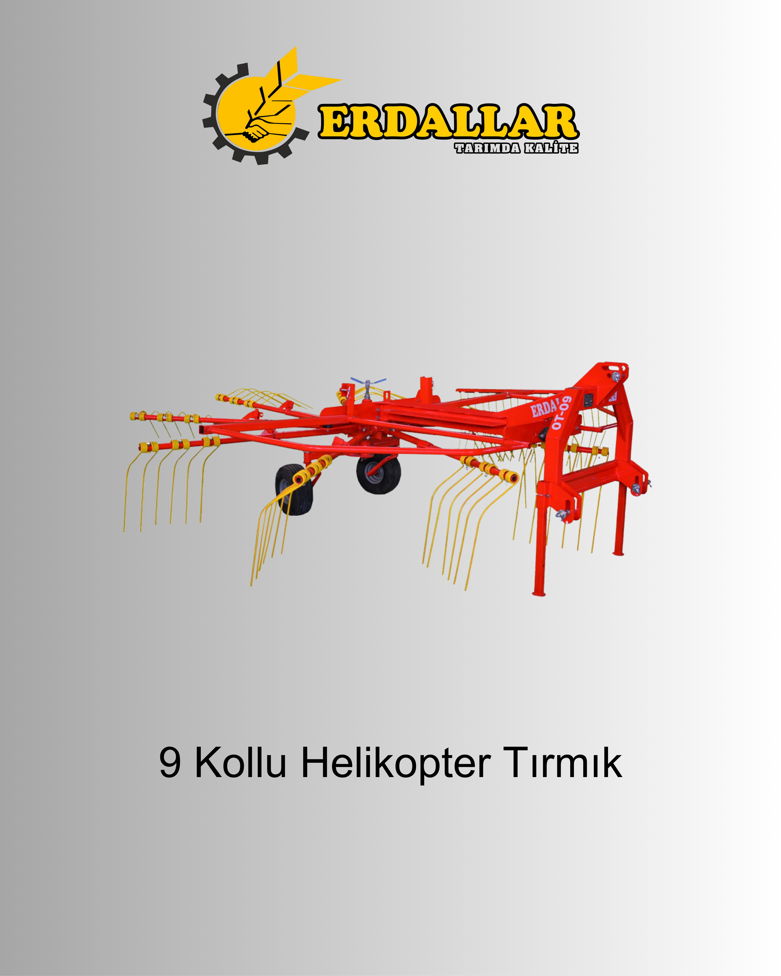Red agricultural tillage equipment with yellow tines and black wheels, labeled '9 Kollu Helikopter Tırmık.'