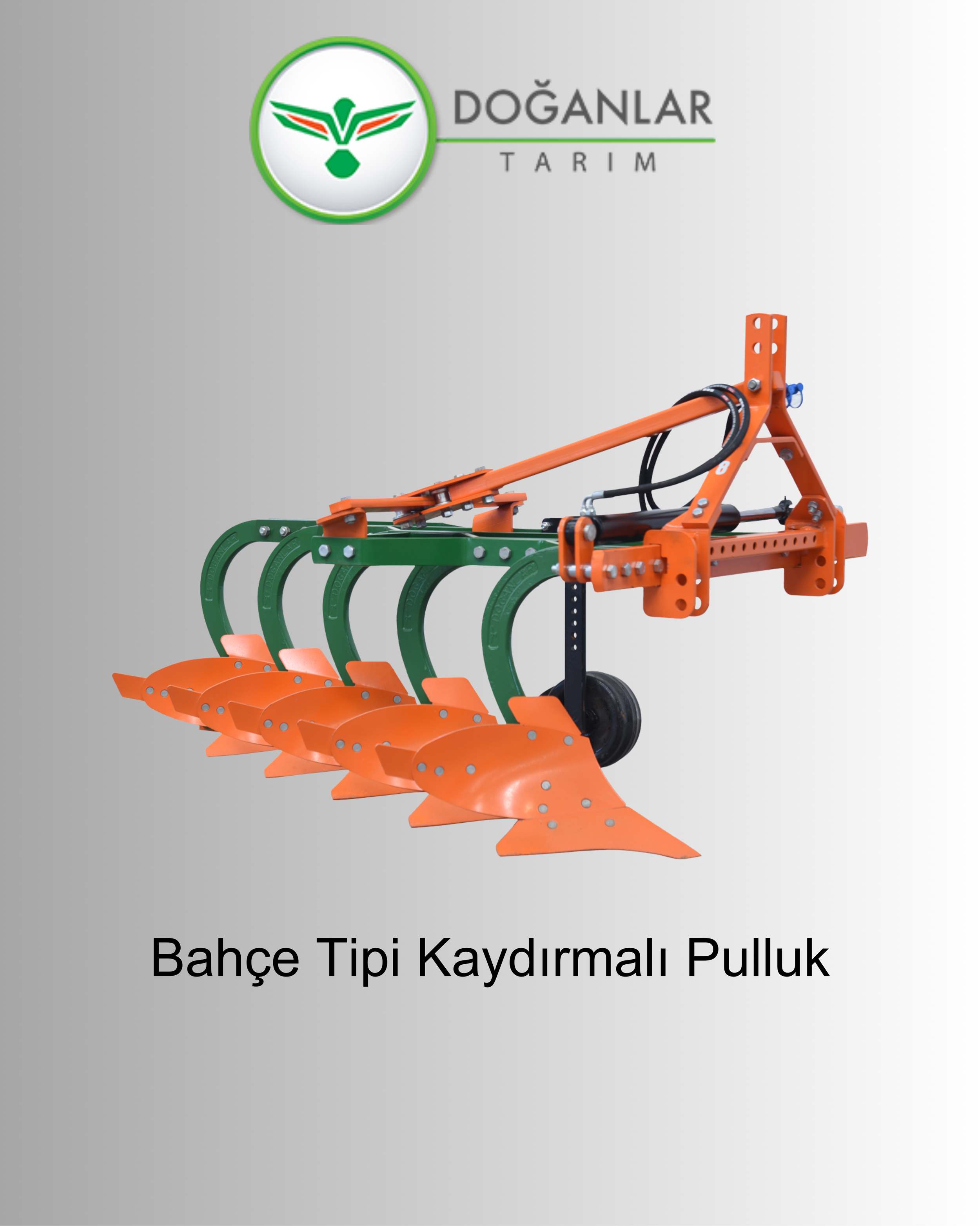 Green and orange garden tiller with four curved blades, branded as 'Bahçe Tipi Kaydırmalı Pulluk' and with a logo 'Doğanlar Tarım' in the top left corner.