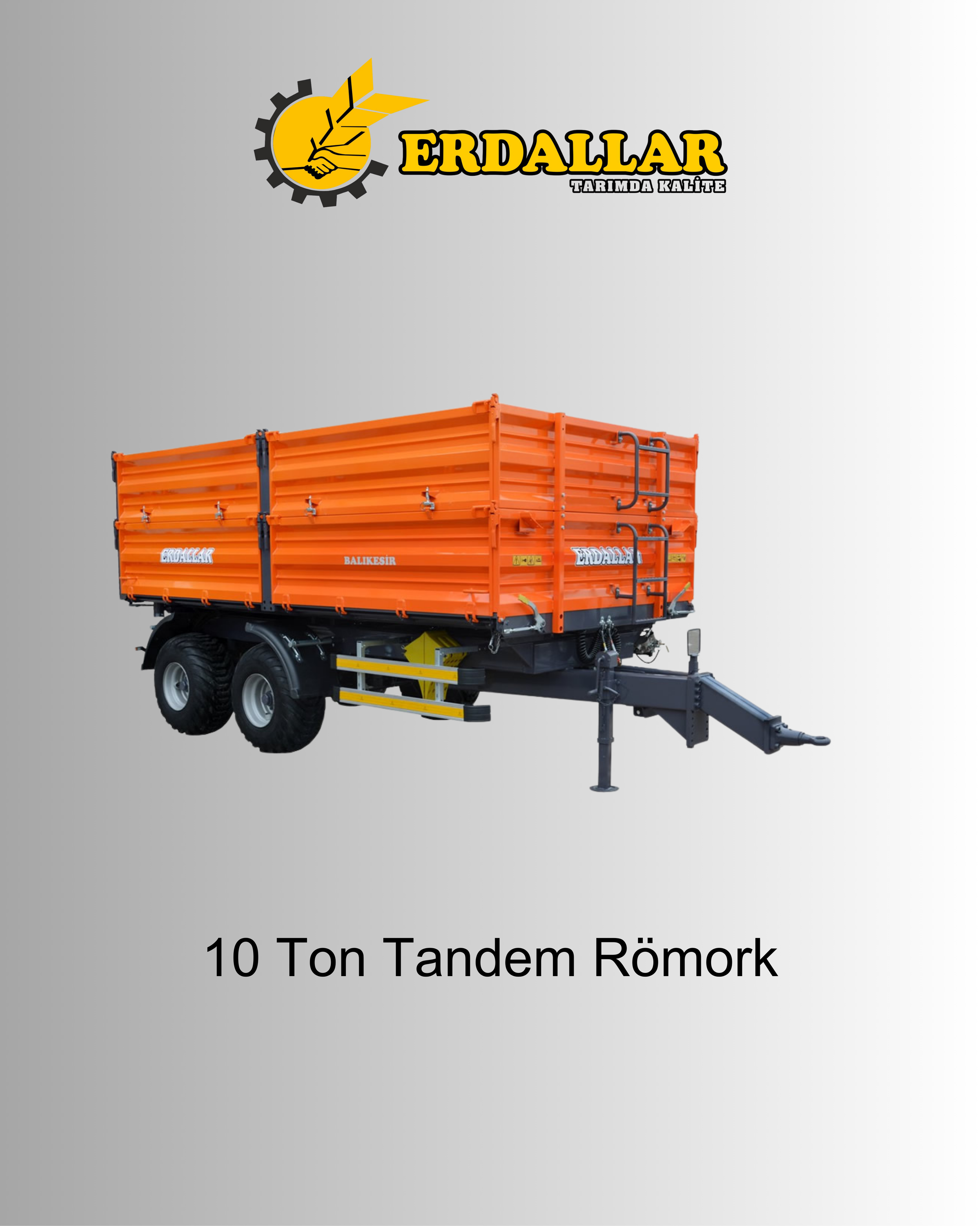 Orange tandem trailer with black wheels on a gray background, labeled '10 Ton Tandem Römork', with a company logo at the top featuring a gear and a handshake.