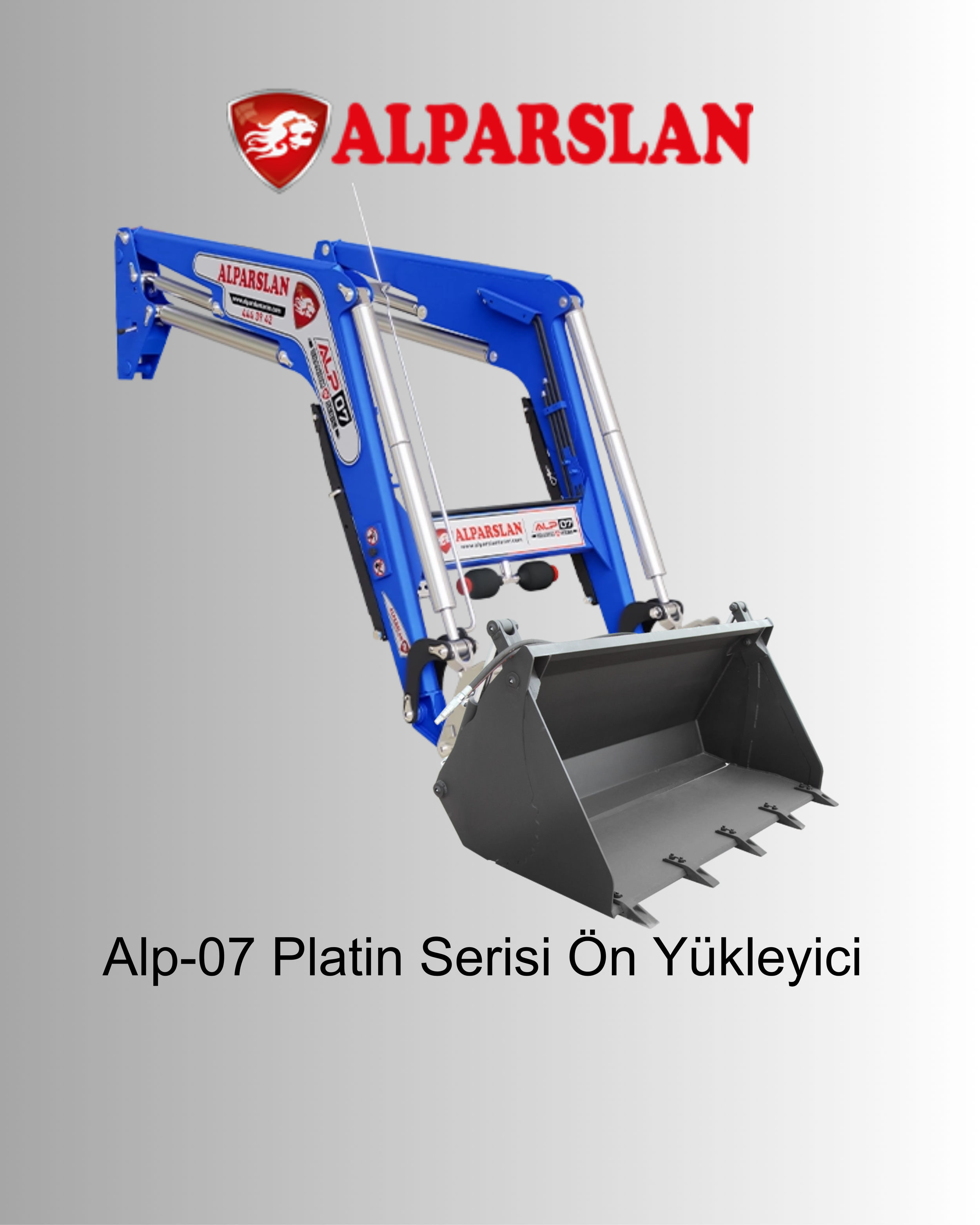 Blue ALPARSLAN ALP-07 front loader with a black bucket against a gray background.