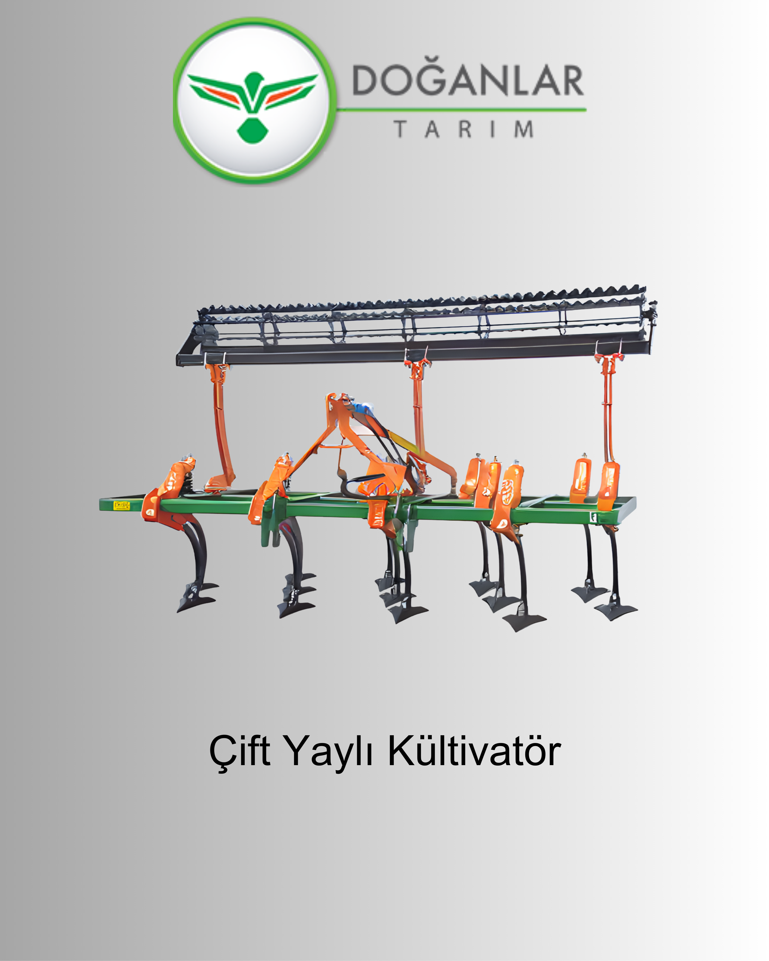 A dual-rows farm cultivator with orange and black parts and a canopy on top, displayed against a plain background. The logo of Doğanlar Tarım is at the top, with the words "Çift Yatly Kütivatör" below.