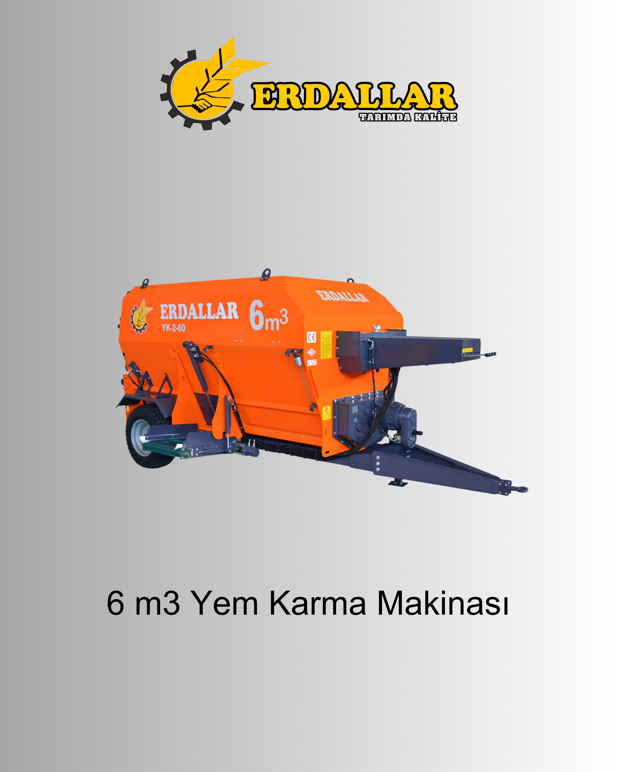 Orange feed mixer machine labeled '6 m3' and 'Yem Karma Makinası', with a wheeled trailer and hitch for towing.