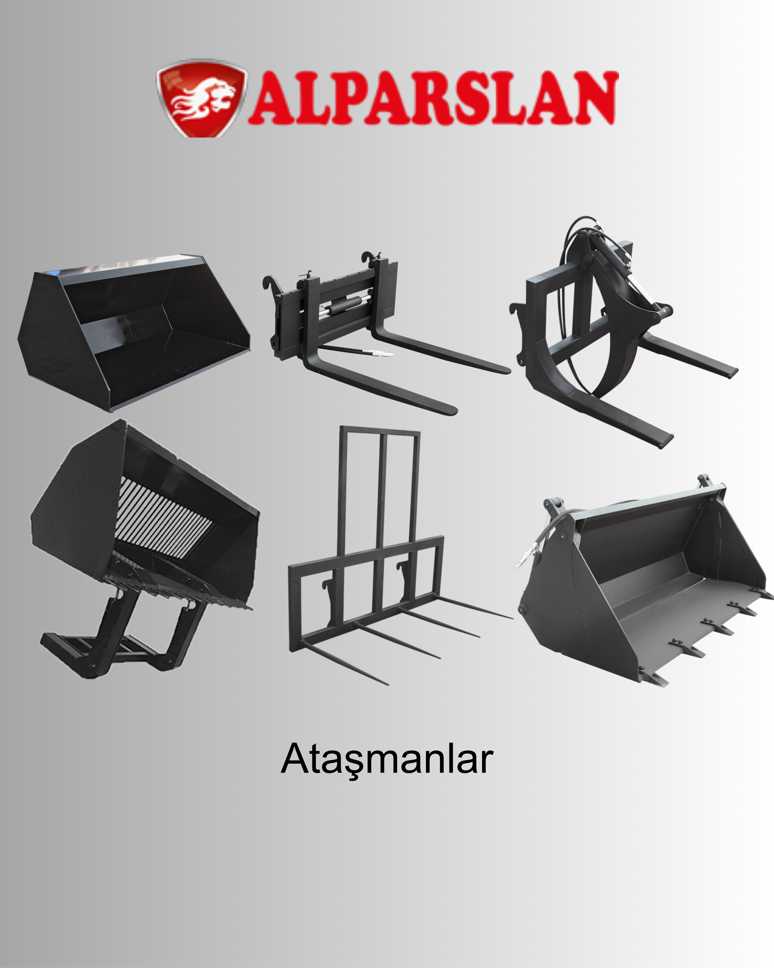 Collection of various attachments for heavy machinery including buckets, forks, and grapples, with a red and white ALPARSLAN logo at the top and the word "Ataşmanlar" at the bottom.
