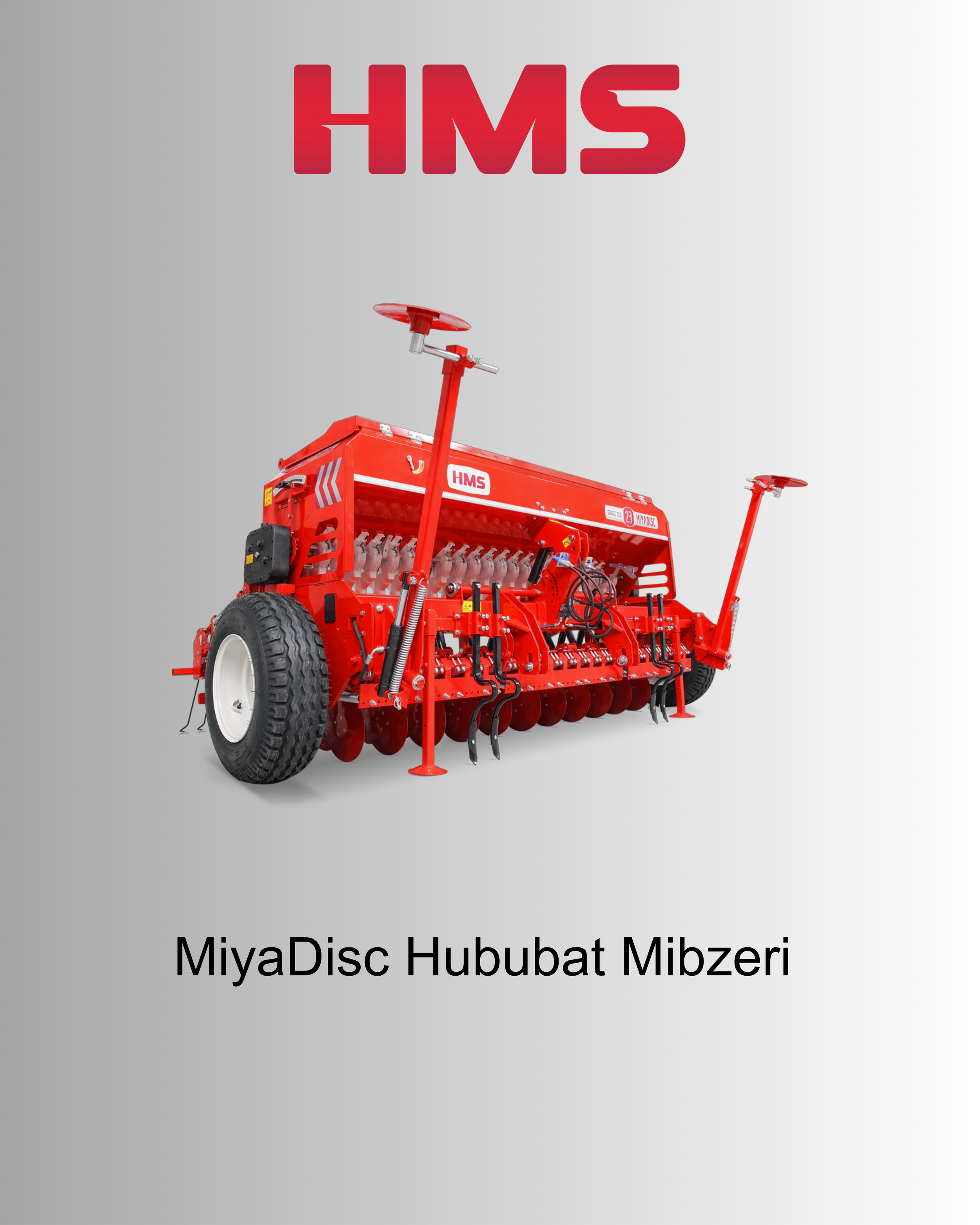 Red Miyadisc seed planter machine with large wheels and multiple seed dispensing tubes, labeled HMS, against a light gray background. Text below it reads 'MiyaDisc Hububat Mzbzteri'.