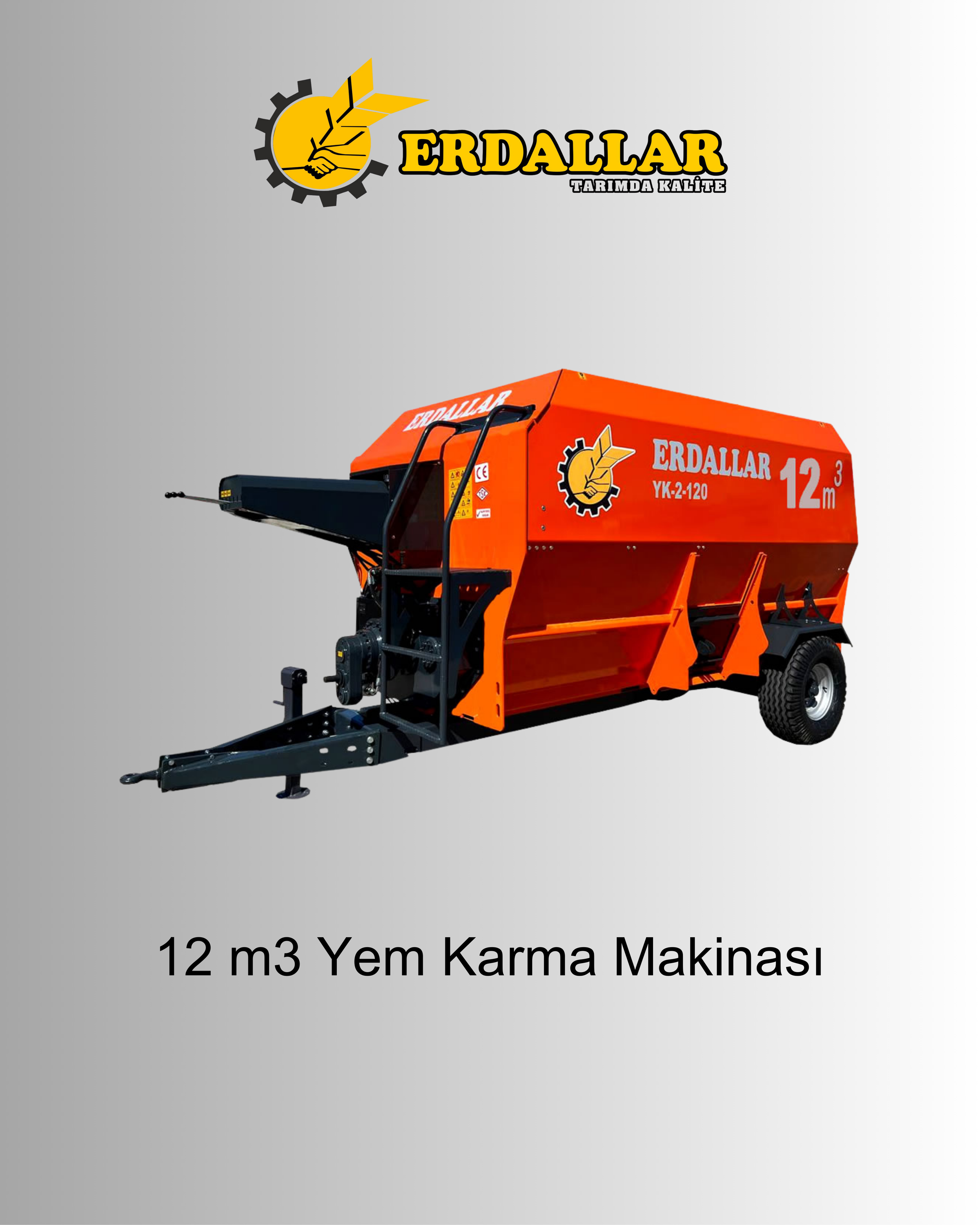 Orange feed mixer machine with the text "12 m3 Yem Karma Makinesi" and branding "Erdallar" and its logo on the side.