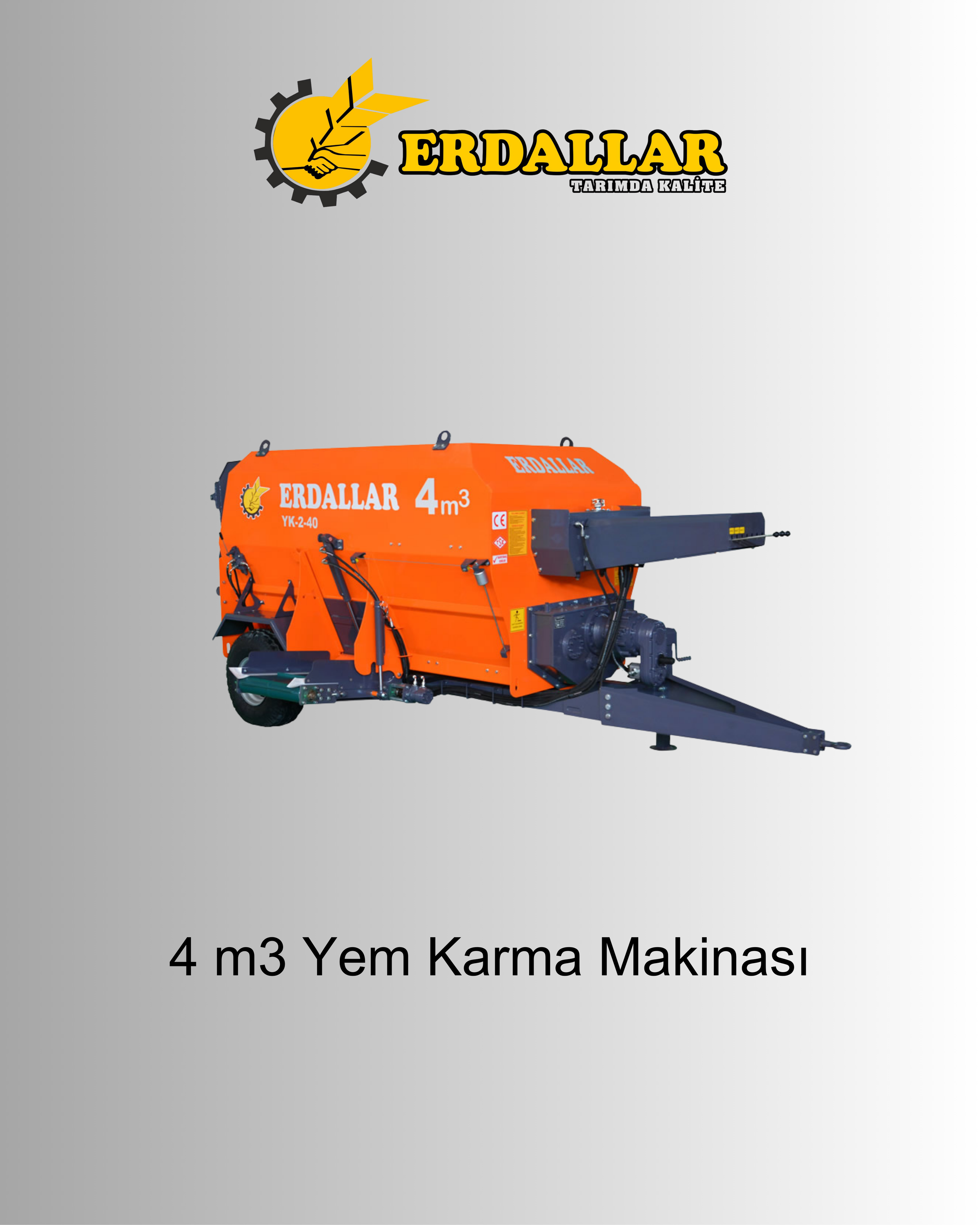 An orange feed mixer machine with the brand name ERDALLAR and a capacity of 4 cubic meters, used for mixing animal feed.