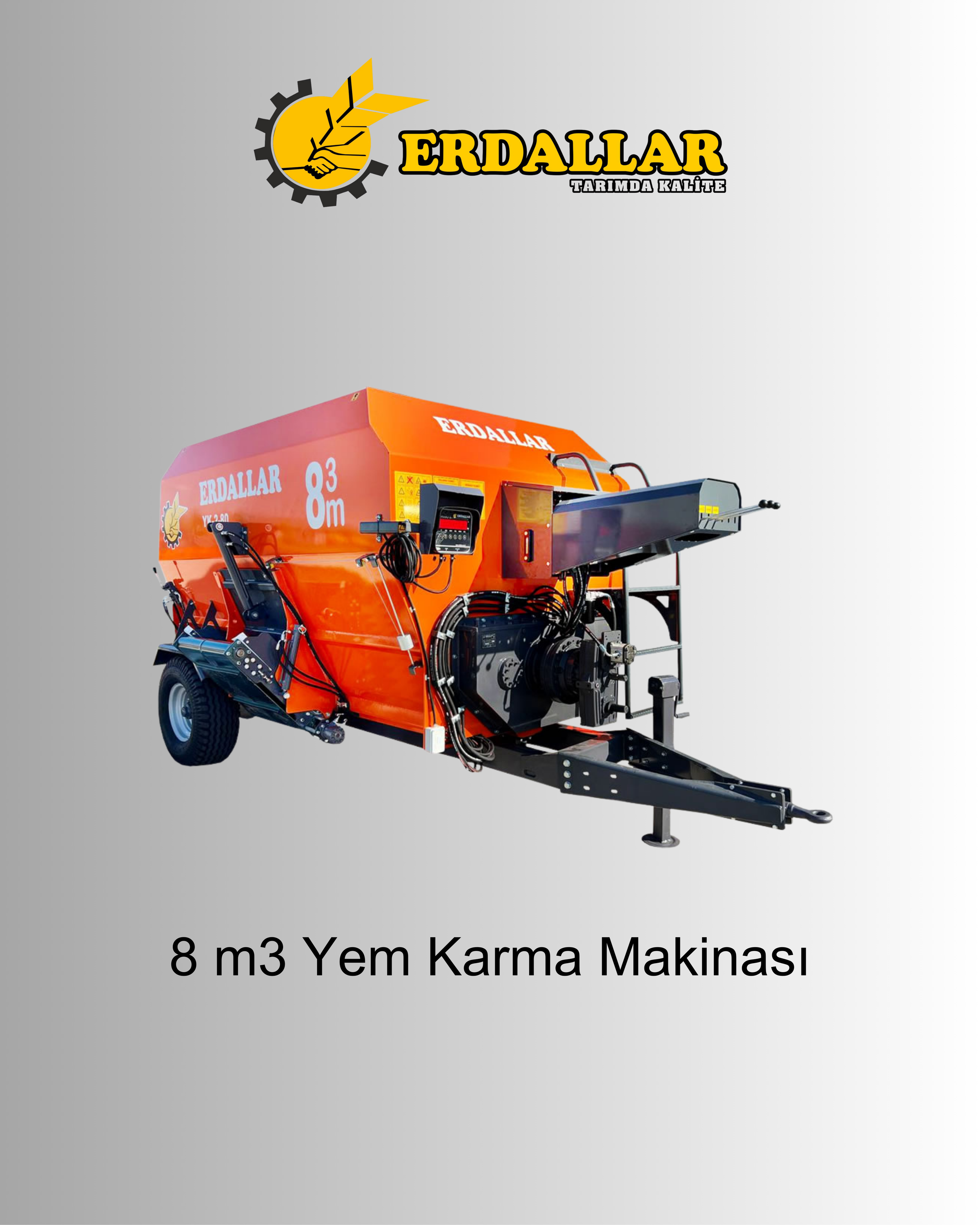 Orange feed mixer machine with the brand name ERDALLAR, displayed on a gray background.