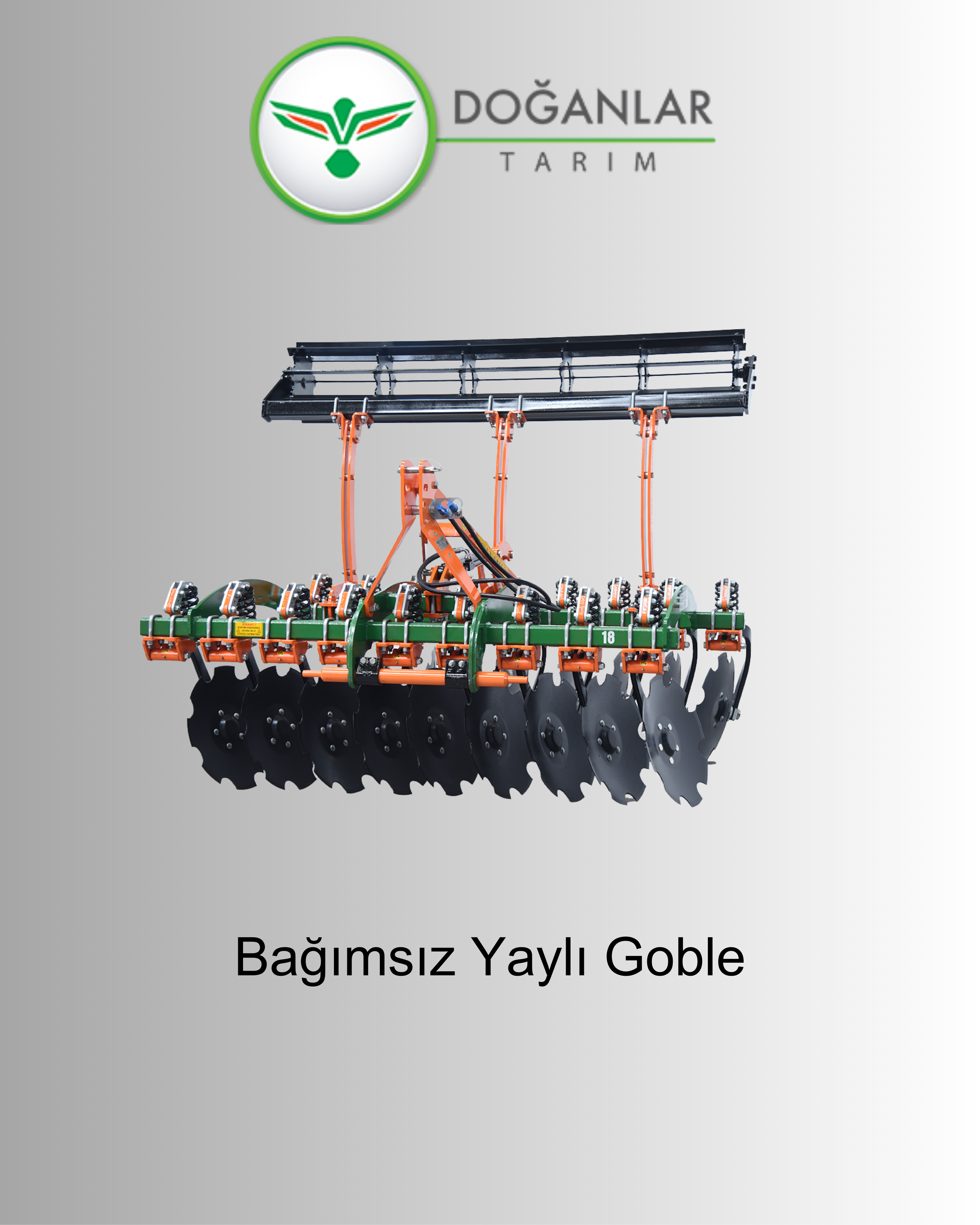 A black and orange agricultural disc harrow attached to a green frame with the logo of Doğanlar Tarım at the top, and the text 'Bağımsız Yaylı Goble' at the bottom.