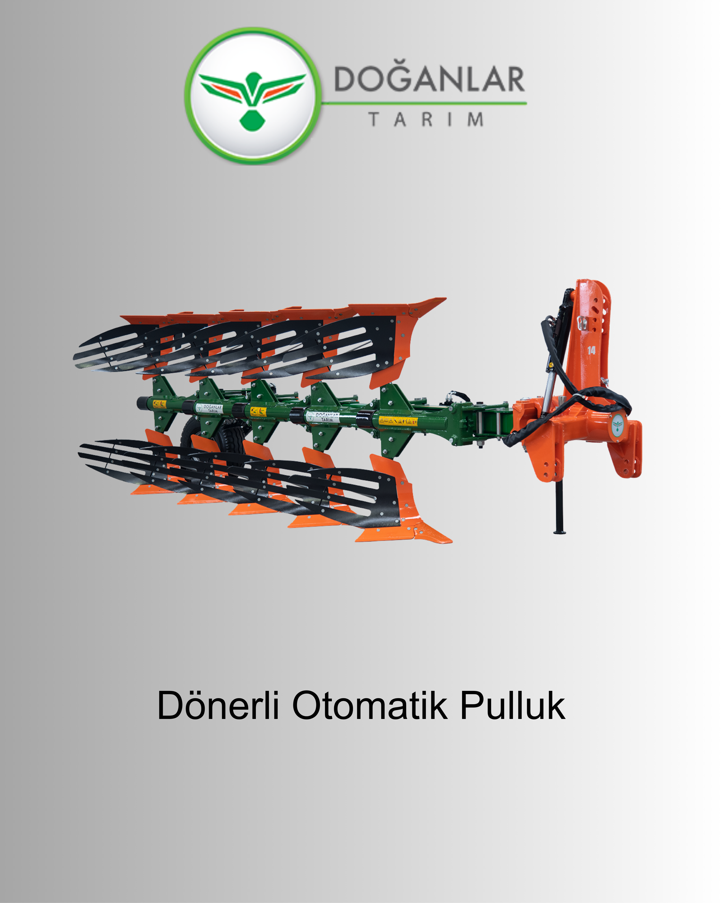 An agricultural rototiller attachment with orange and green parts, labeled 'Dönerli Otomatik Pulluk,' and a logo of a green bird inside a circle at the top left corner.