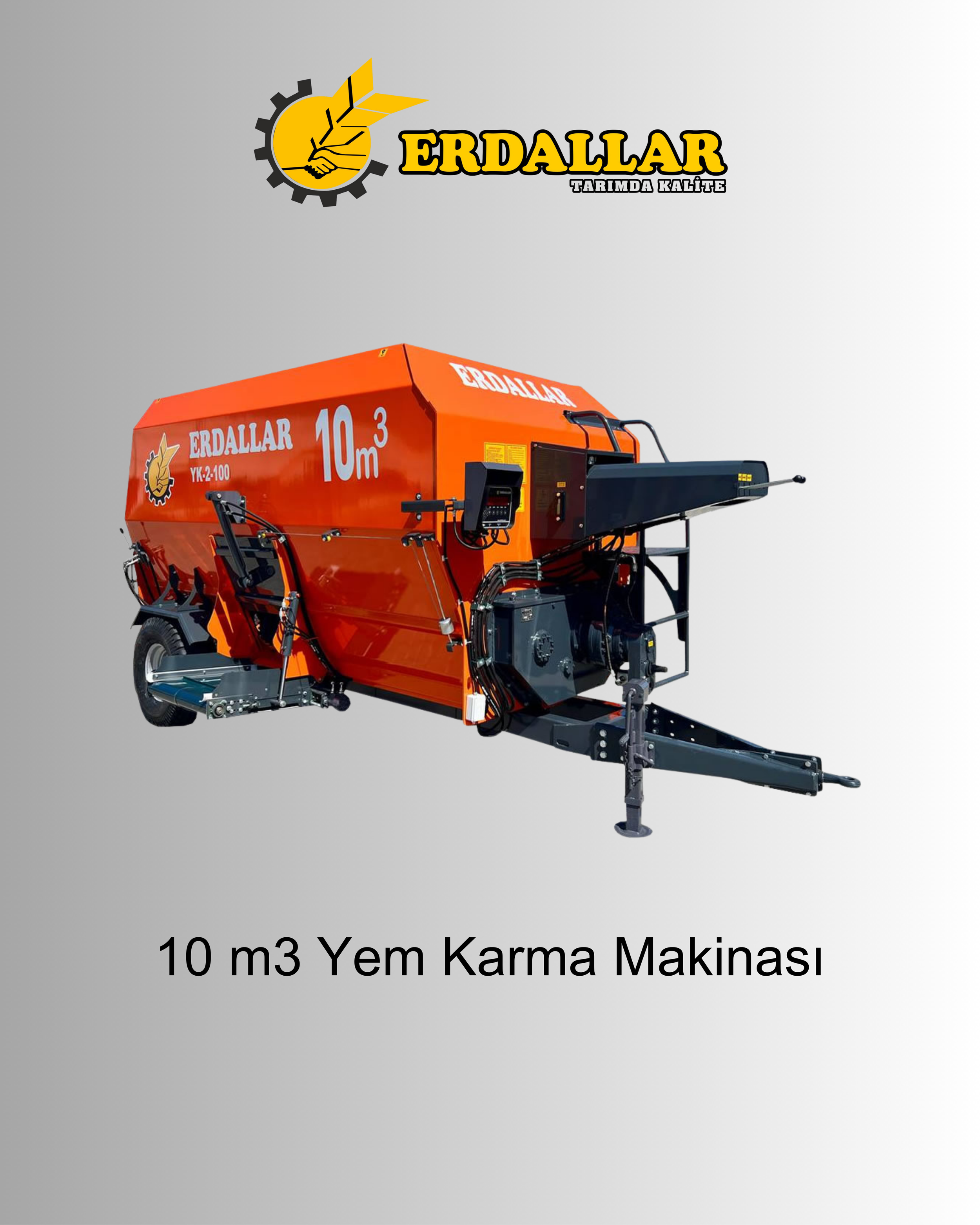 orange seed mixing machine with black details and the words "10 m3" and "Yem Karma Makinesi" written on it, against a light gray background with a logo at the top reading "ERDALLAR TARIMDA KALİTE".