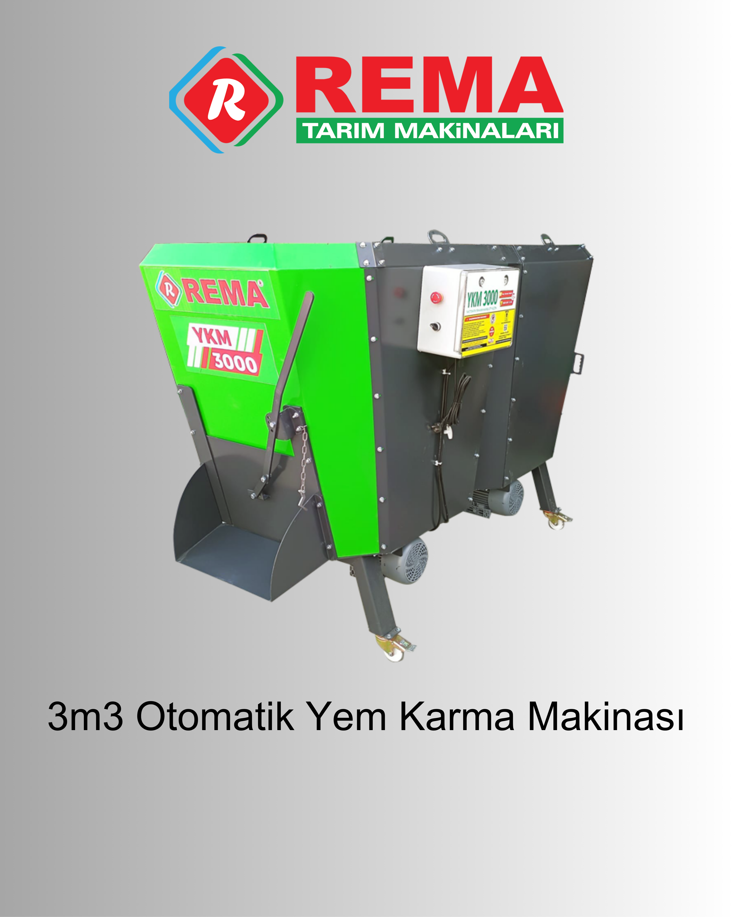 A green and black automatic feed mixer machine with the brand name REMA and model YKM 3000, used for mixing animal feed, on a light gray background with the text '3m3 Otomatik Yem Karma Makinası'.