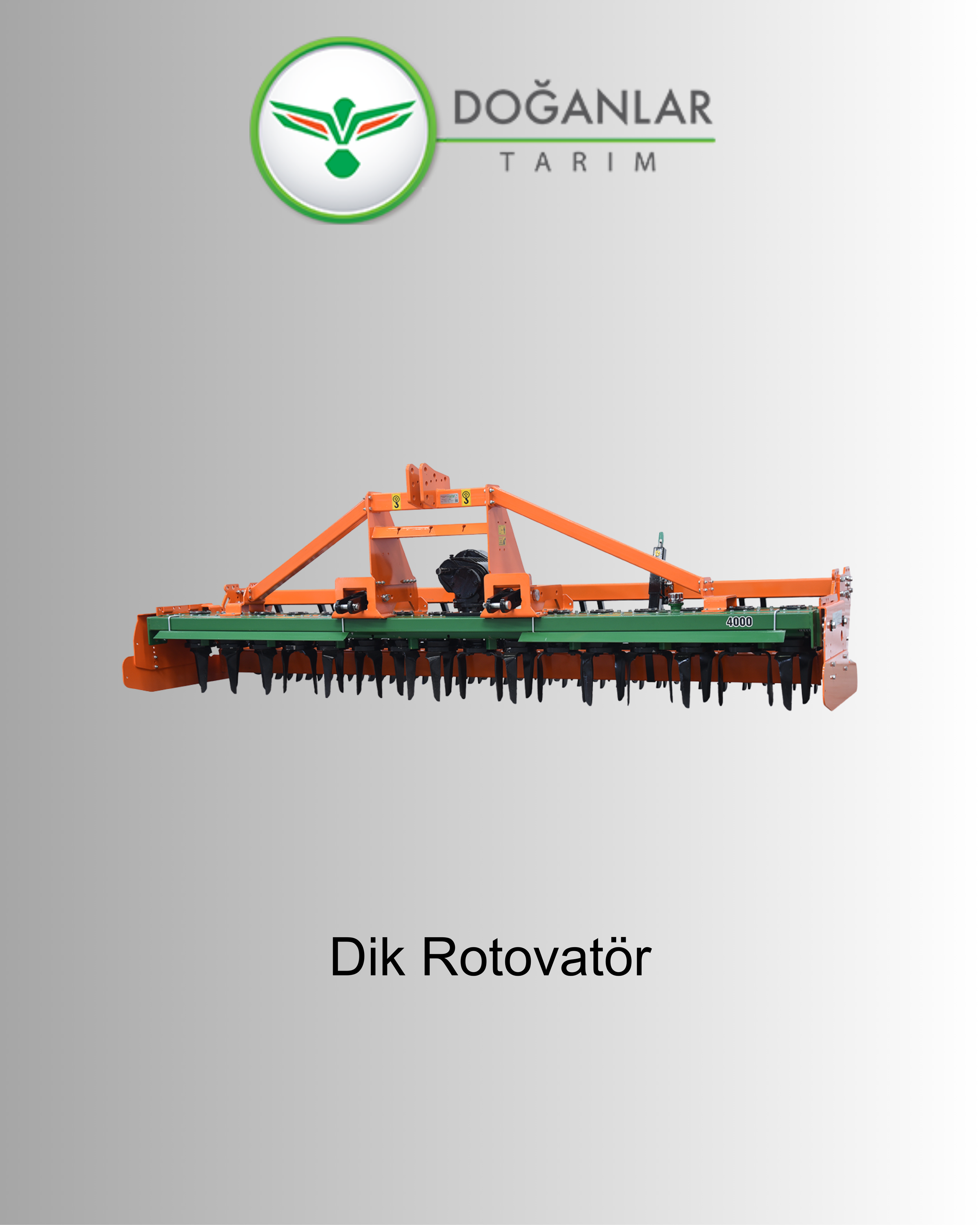 Orange and green disc harrow with the text 'Dik Rotovatör' underneath, and a logo with a stylized bird in flight to the upper left.