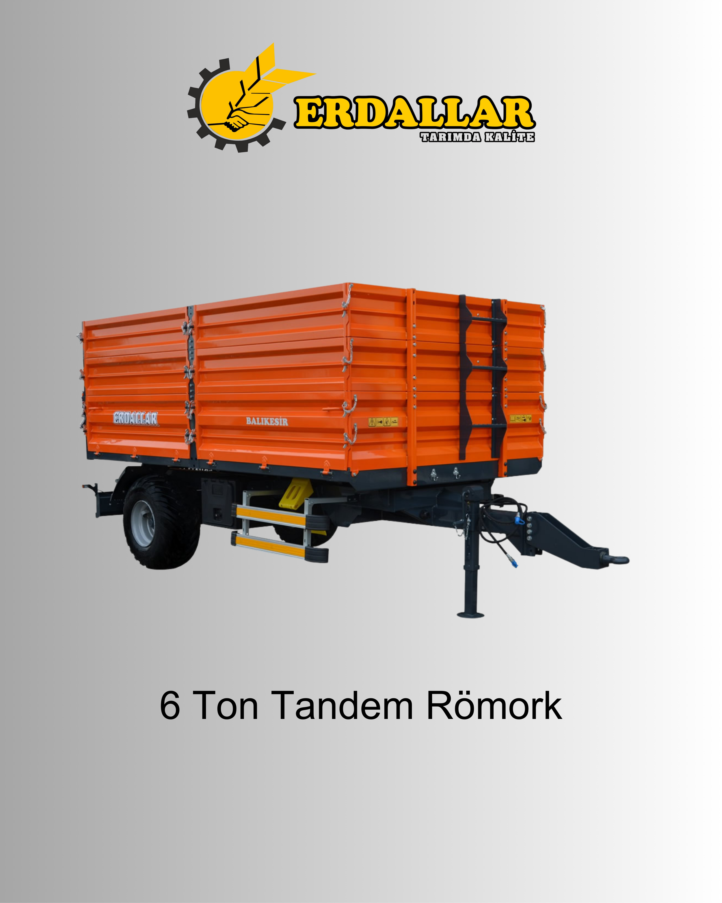 Orange tandem trailer with steel sides, labeled "6 Ton Tandem Römork," against a light gray background with a logo at the top.