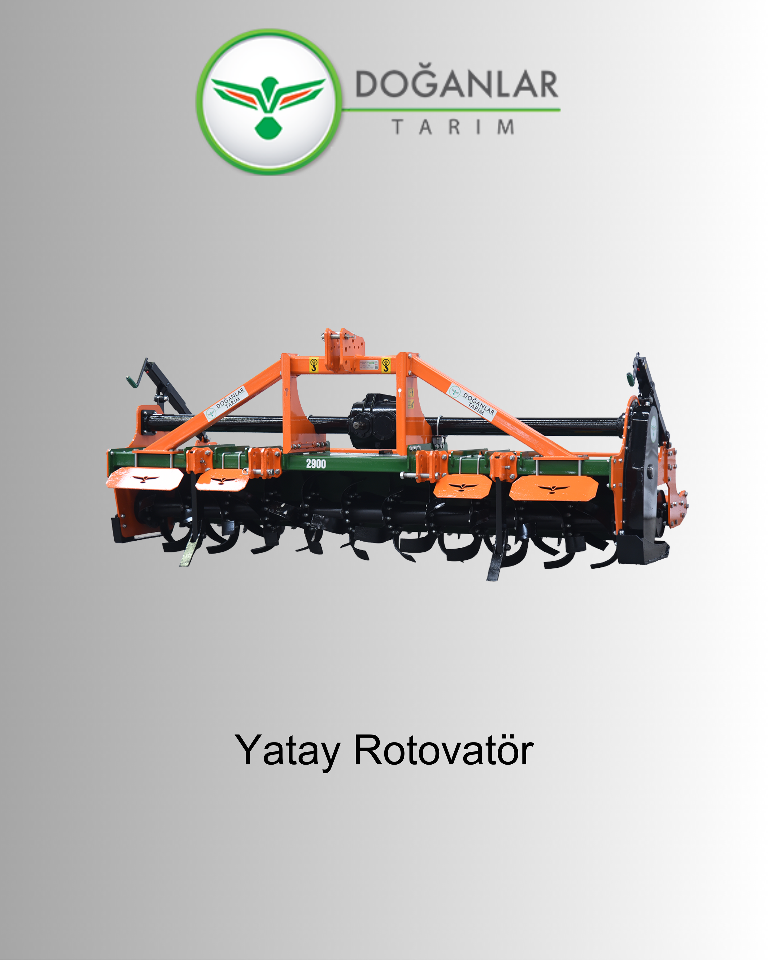 A crop row cultivator machine with orange and green components, labeled 'Yatay Rotovator', shown against a grey background with a logo and text reading 'DOĞANLAR TARIM' at the top.