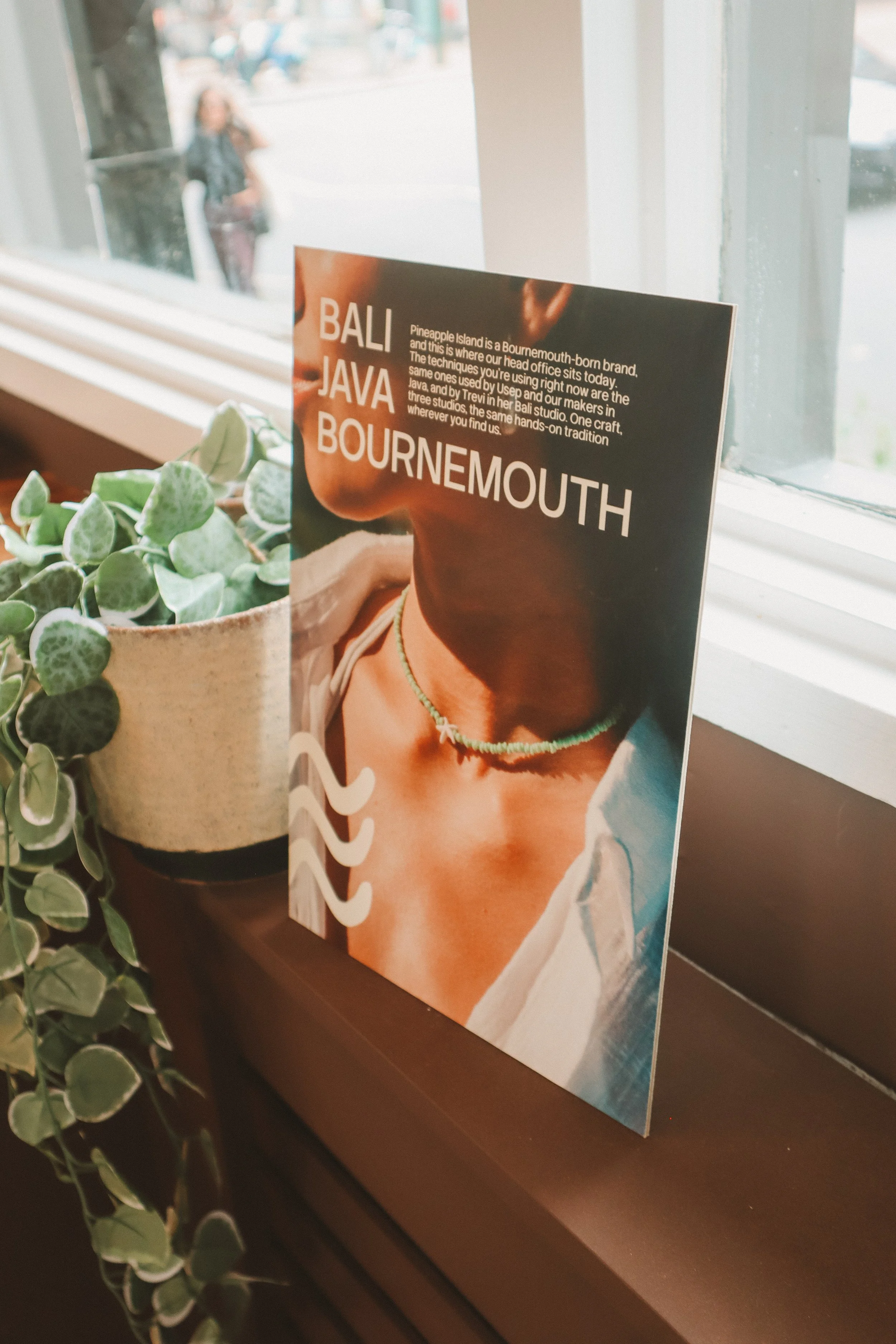 A magazine or brochure featuring a woman wearing a beaded necklace, with text about Bali, Java, and Bournemouth on the cover. The items are placed next to a pot with green leafy plants on a wooden surface near a window.