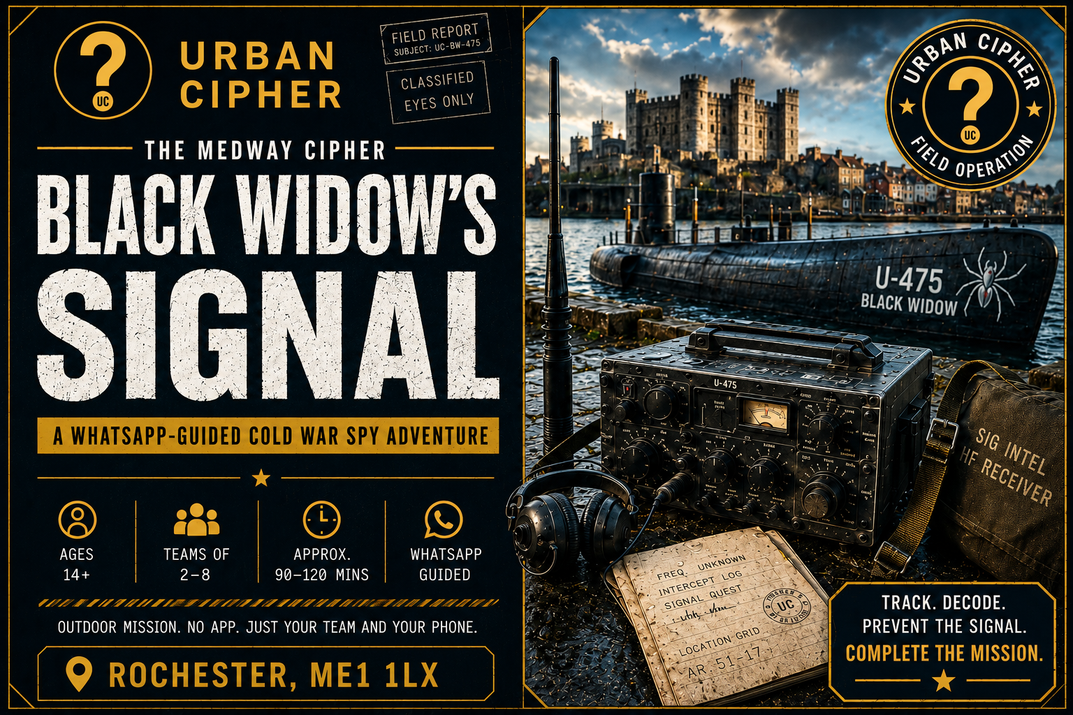 A promotional poster for a spy-themed outdoor adventure game titled 'Black Widow's Signal,' set by a river with a castle in the background. The poster features vintage radios, a submarine, and spy equipment, emphasizing a Cold War spy theme, with information about age, team size, duration, and location in Rochester, ME.