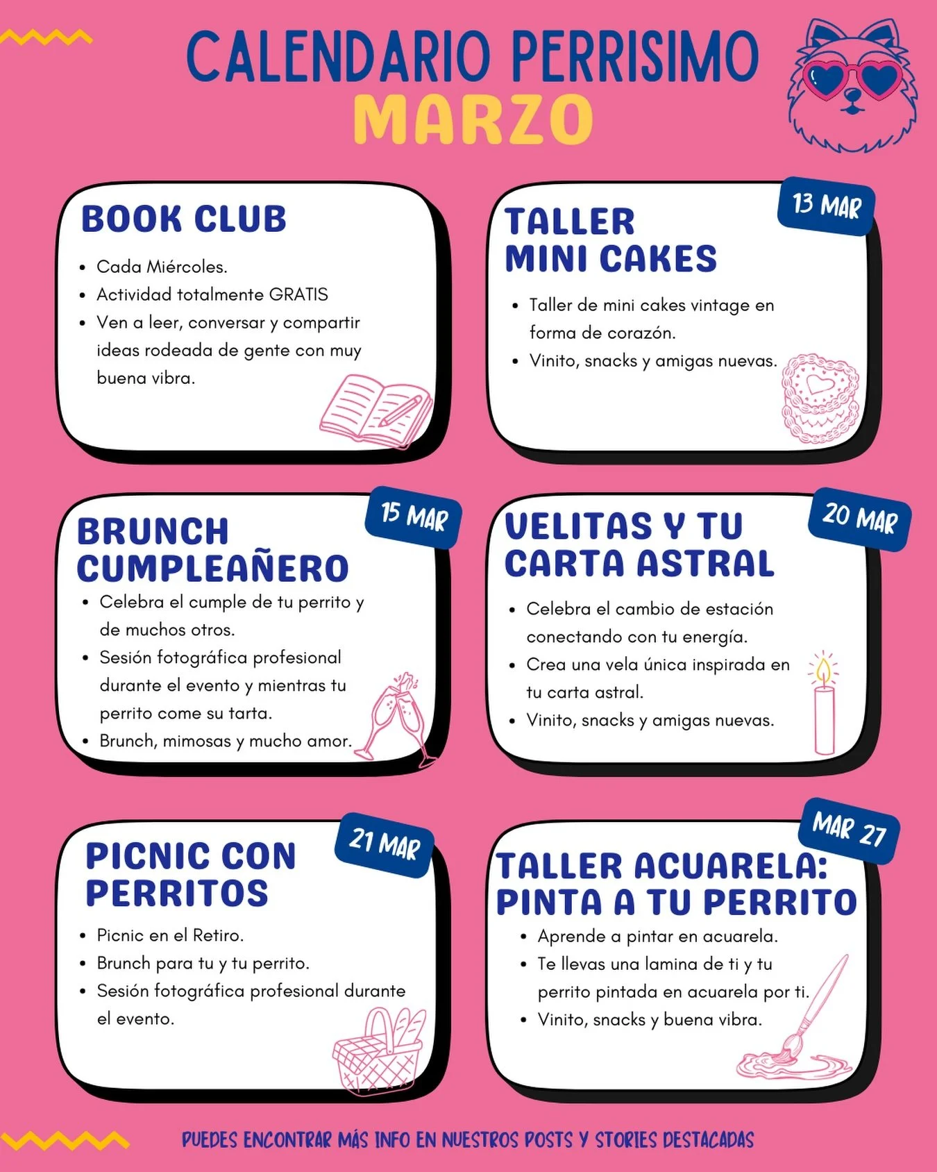Planes de Marzo en PERRISIMO 🐶💗

Si te gustan los planes tranquilos, creativos y con perritos&hellip; este mes tenemos varios que te van a encantar:

📚 Book club gratuito cada Mi&eacute;rcoles
🎂 Brunch cumplea&ntilde;ero para perritos
🕯️ Taller 