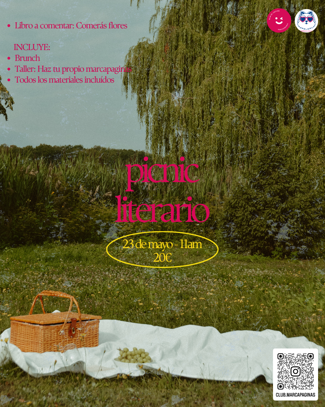 Picnic literario dog-friendly en Madrid con brunch y taller de marcapáginas — club de lectura Comerás flores organizado por Perrisimo Dog Cafe