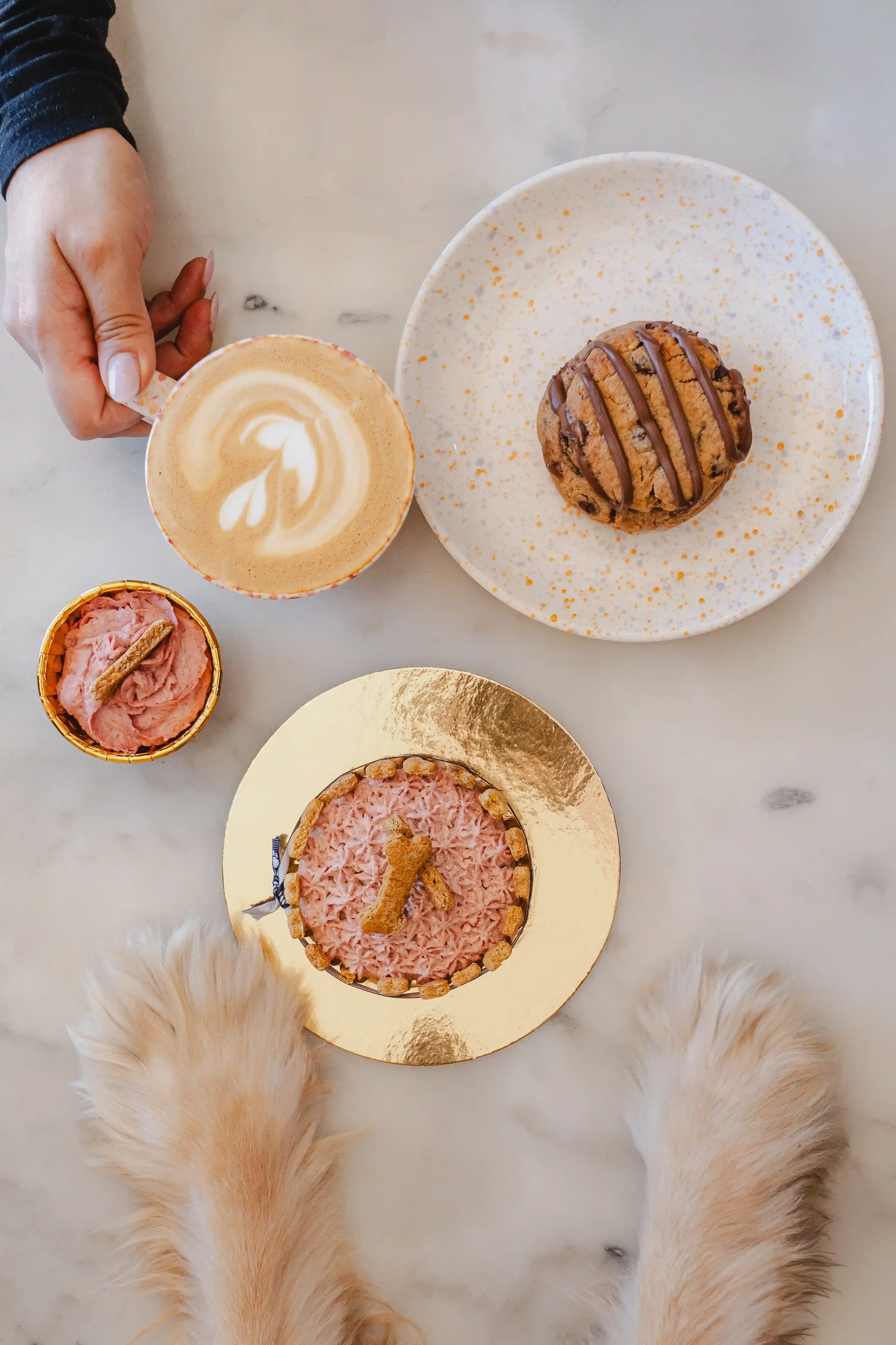Tarta artesanal para perros con frosting rosa y galleta en forma de hueso, junto a un café de especialidad y una cookie, con las patas de un perro en Perrisimo Dog Cafe, cafetería dog friendly en Retiro Madrid