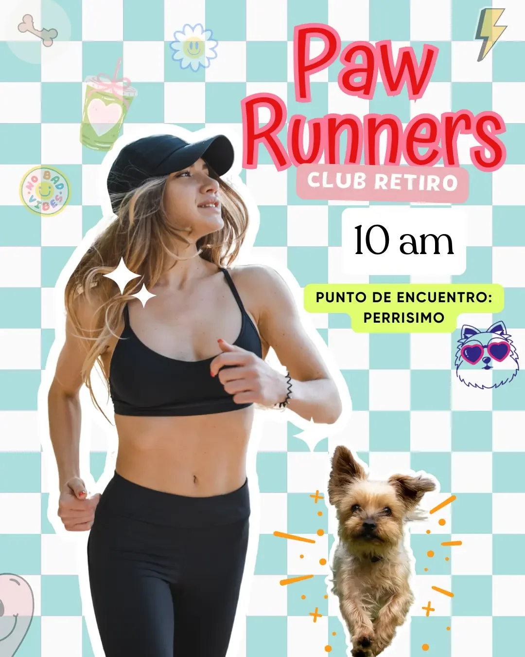 Cartel del evento Paw Runners Club Retiro de Perrísimo, club de running con perros en el Parque del Retiro, Madrid. Salida a las 10am con punto de encuentro en Perrísimo, cafetería dog-friendly en Menéndez Pelayo 25
