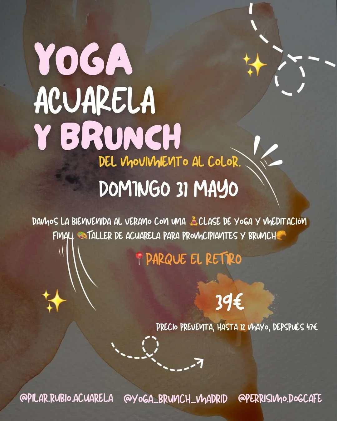 Clase de yoga con taller de acuarela y brunch en el Parque del Retiro Madrid — evento dog-friendly de bienestar organizado por Perrisimo Dog Cafe