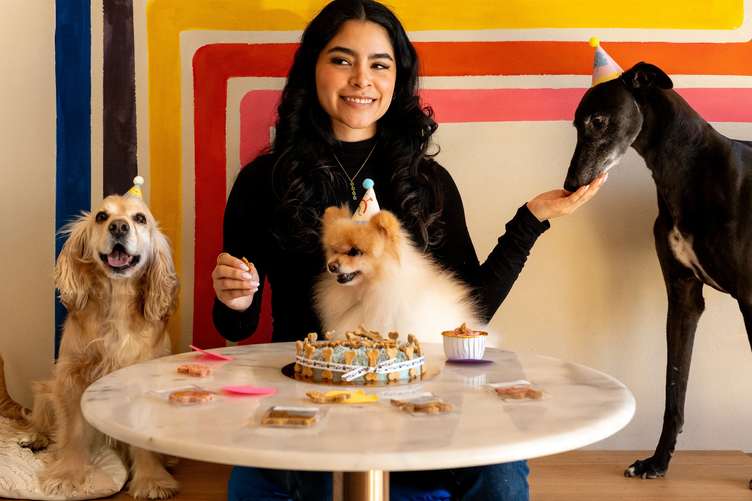 Chica sonriente rodeada de un cocker spaniel, un pomerania y un galgo negro celebrando un cumpleaños con tarta artesanal en Perrísimo, la cafetería dog-friendly de referencia en el barrio del Parque del Retiro, Madrid
