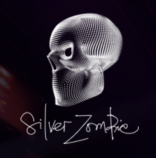 3D digital skull with "Silver Zombie" text on dark background