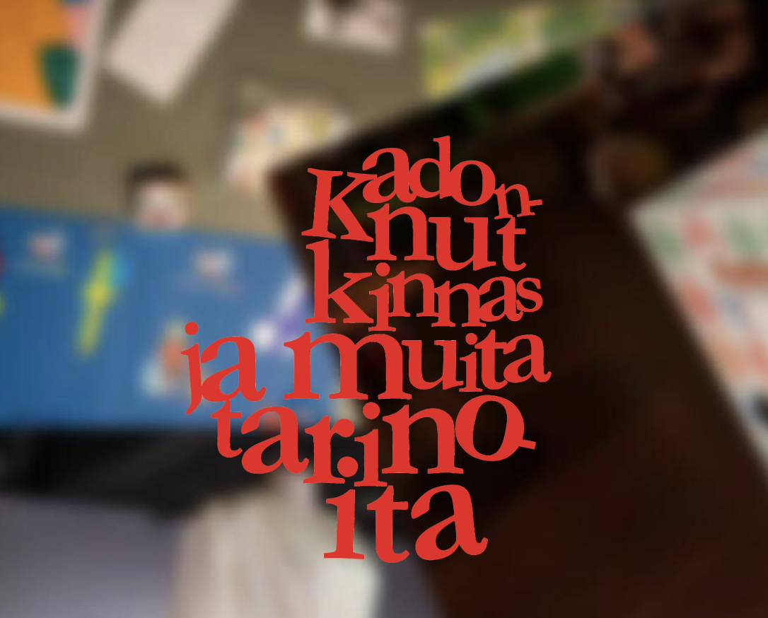 Red text in mixed fonts on a blurred background of a classroom or children's room.