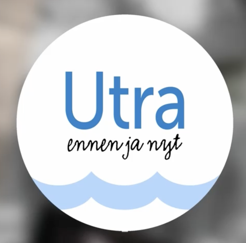 Circle with the text "Utra ennen ja nyt" and blue wave design.